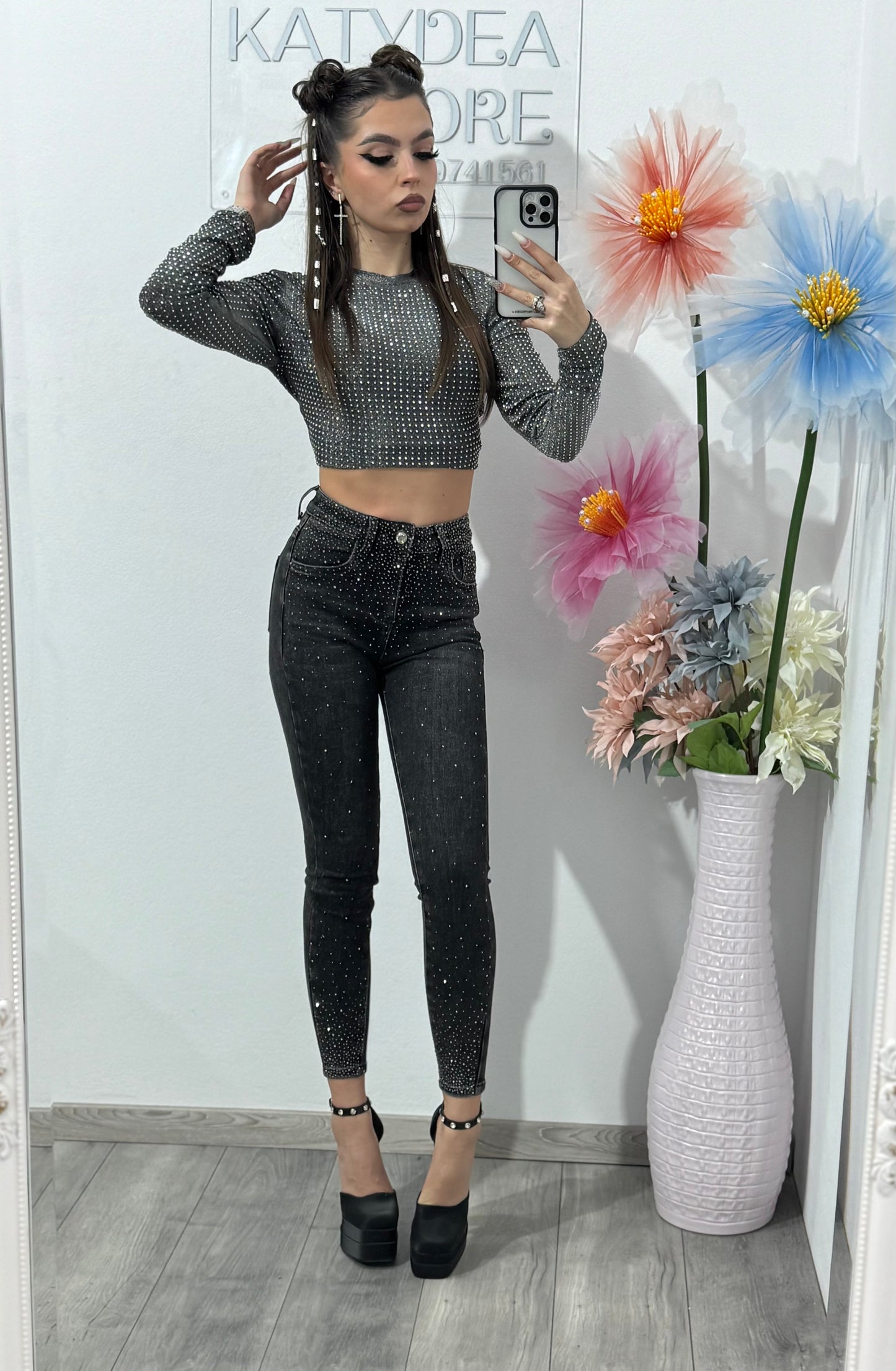 Jeans skinny gri cu cristale ALINA