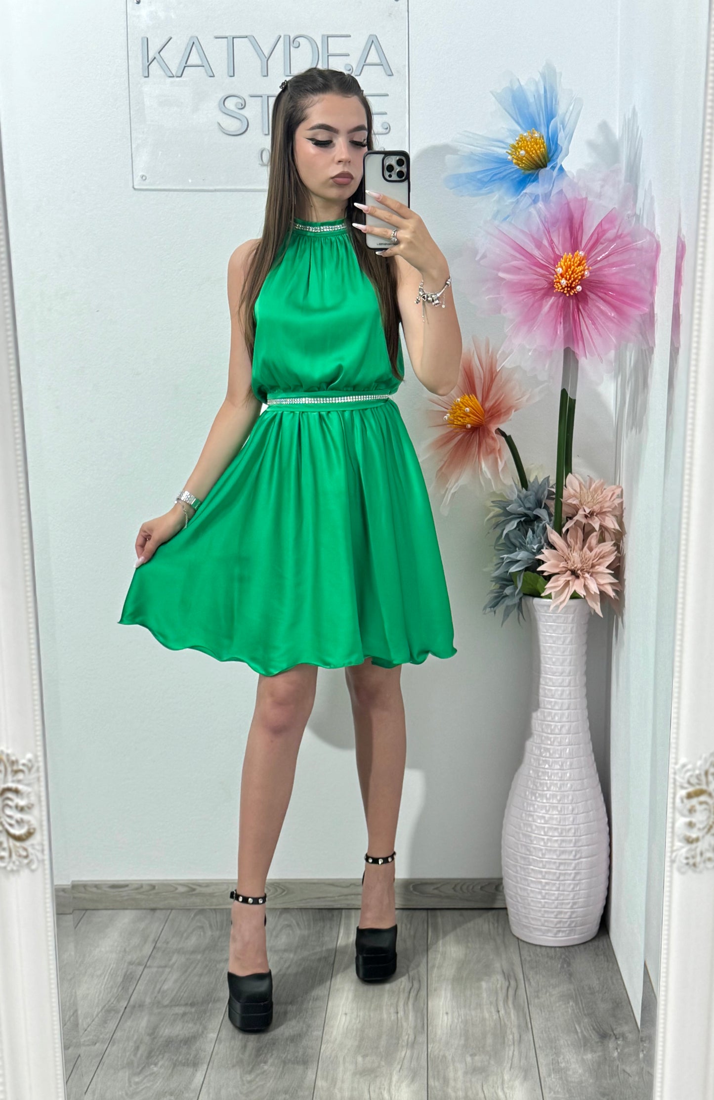 Rochie din satin verde Anastasia