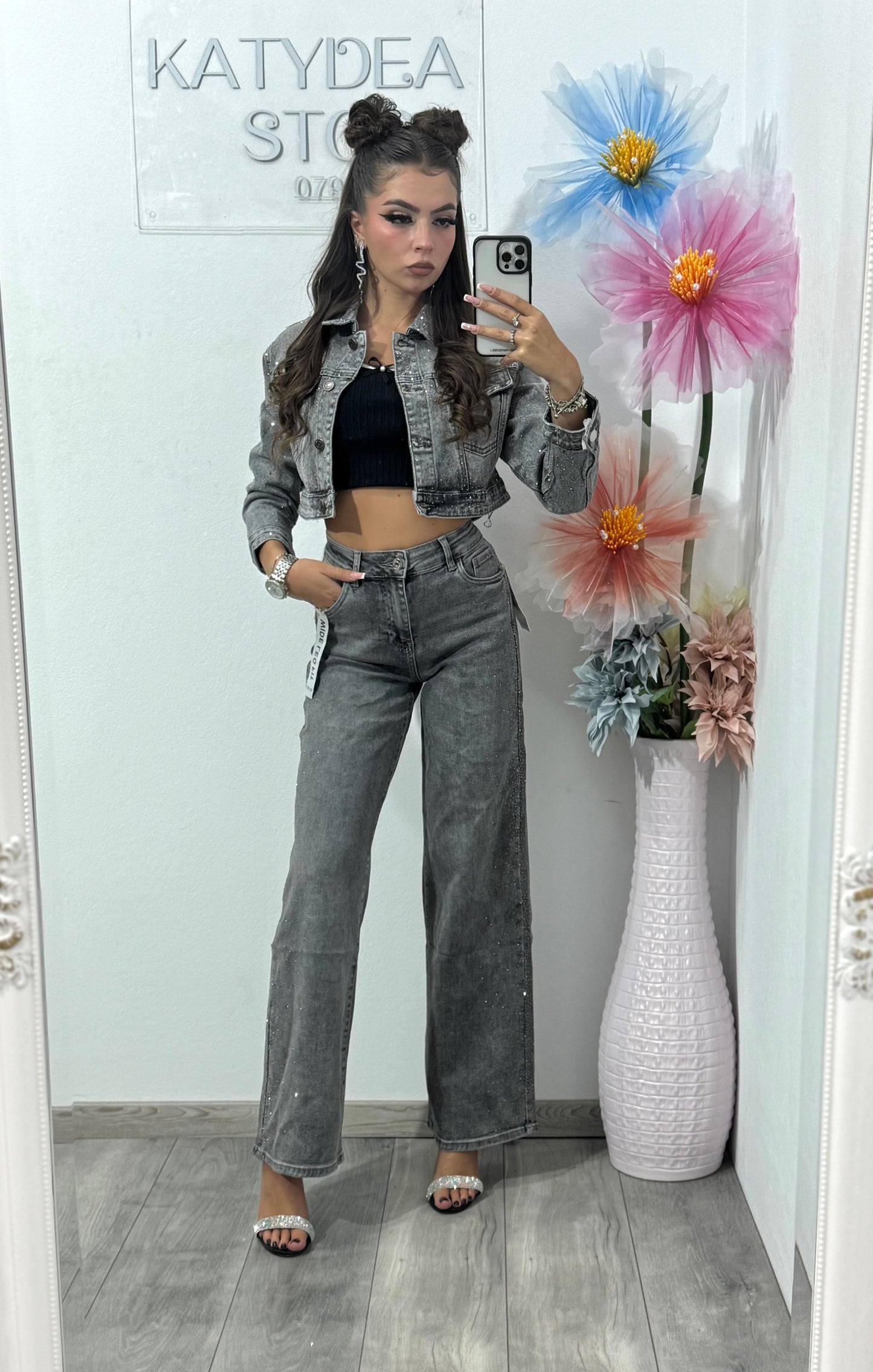 Jeans WideLeg gri cu cristale Olivia