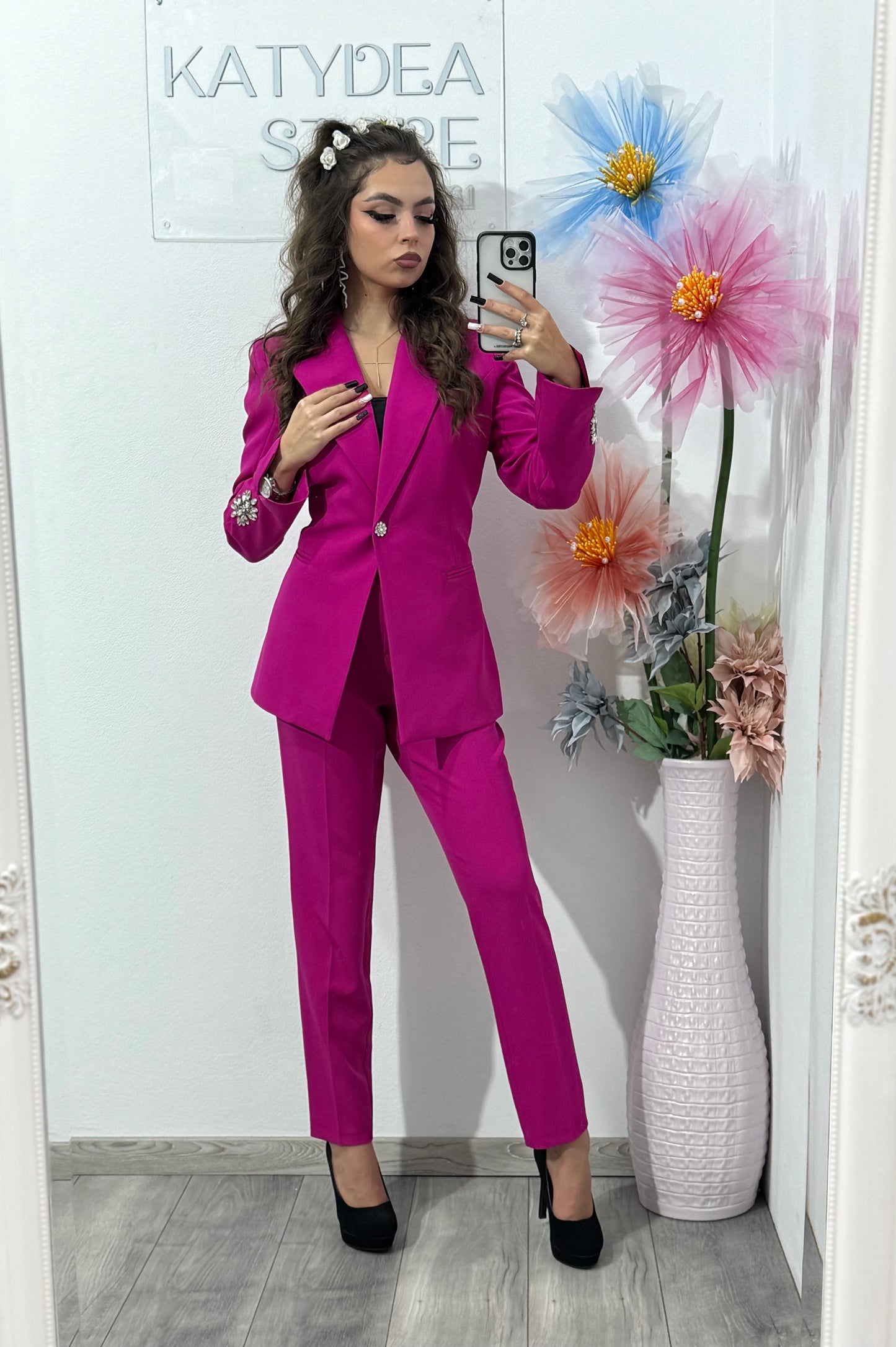 Costum damă Paula 2 piese – sacou & pantaloni slim fucsia