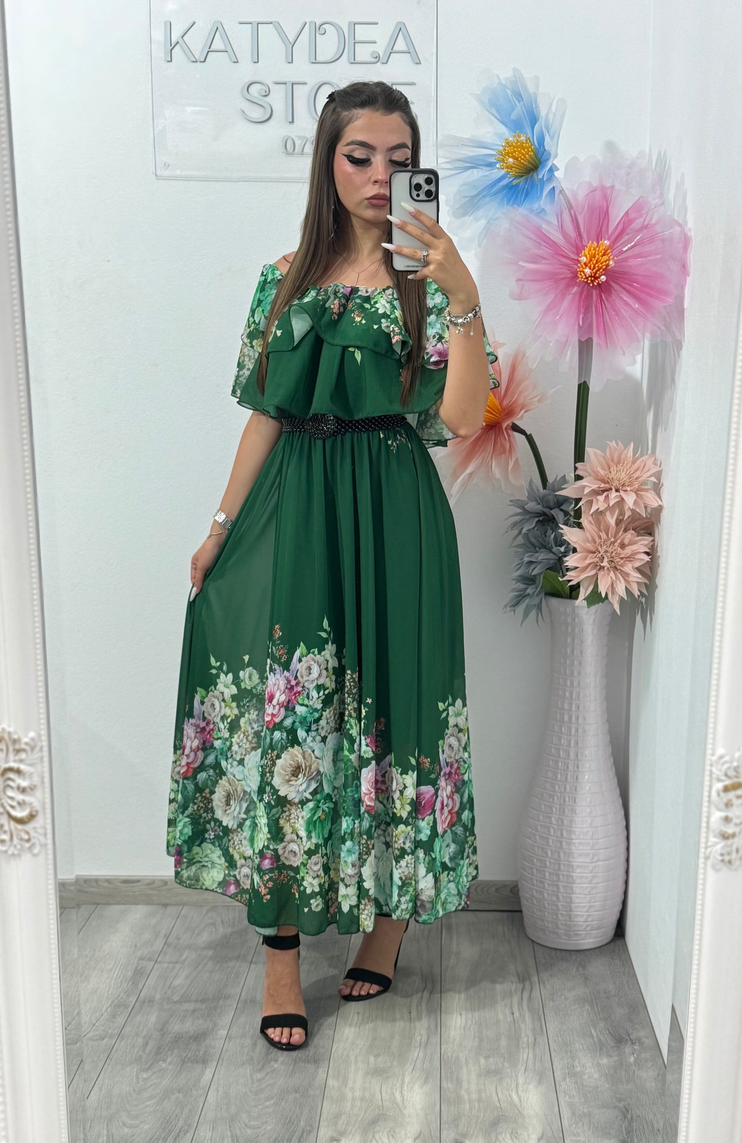 Rochie din voal cu imprimeu verde Delilah