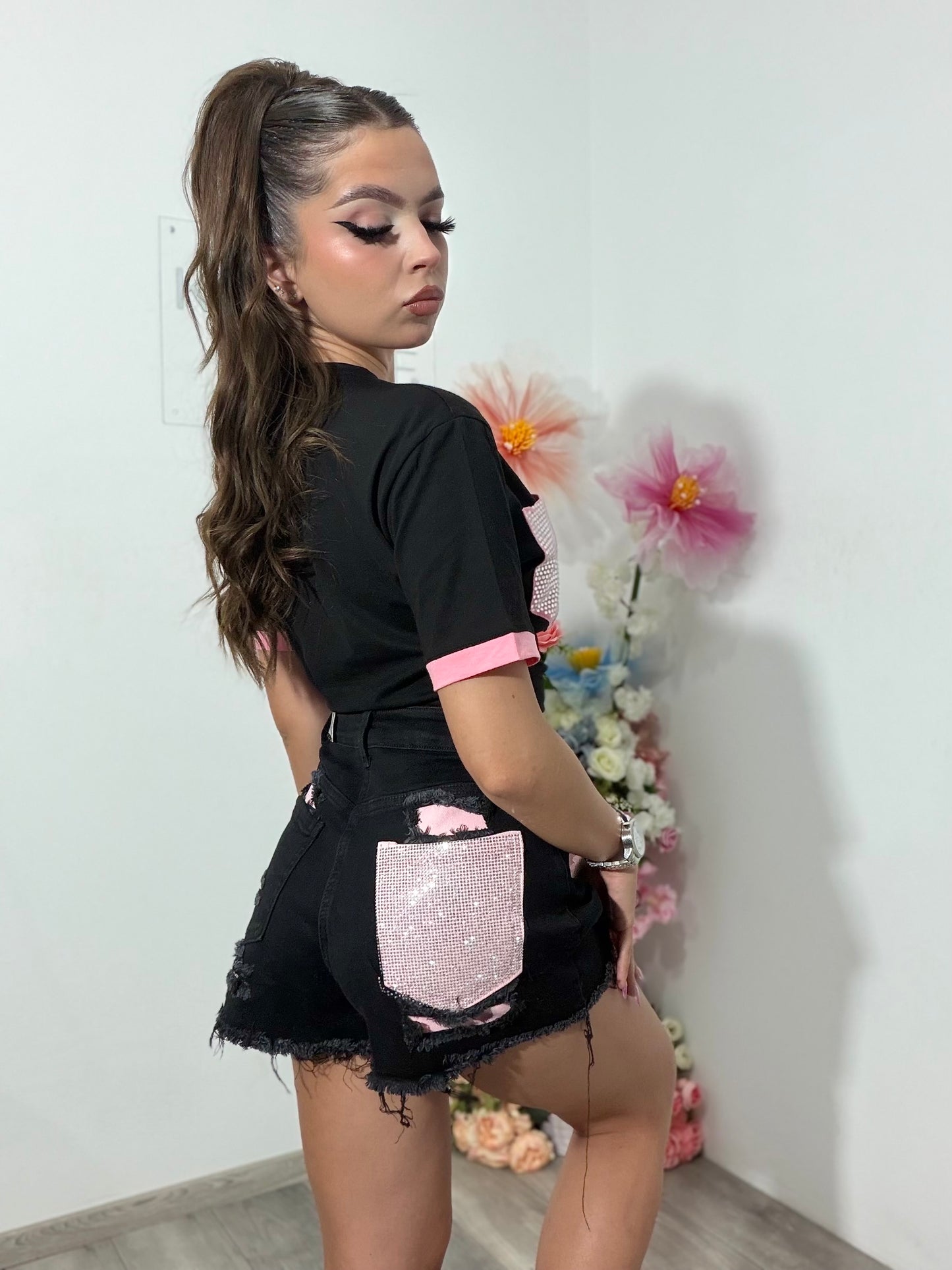 Pantaloni scurți din denim negru  PINK