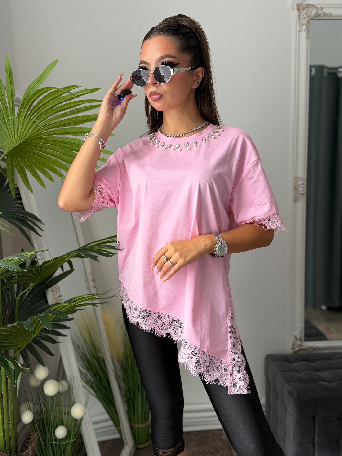 Tricou cu dantelă roz SARA