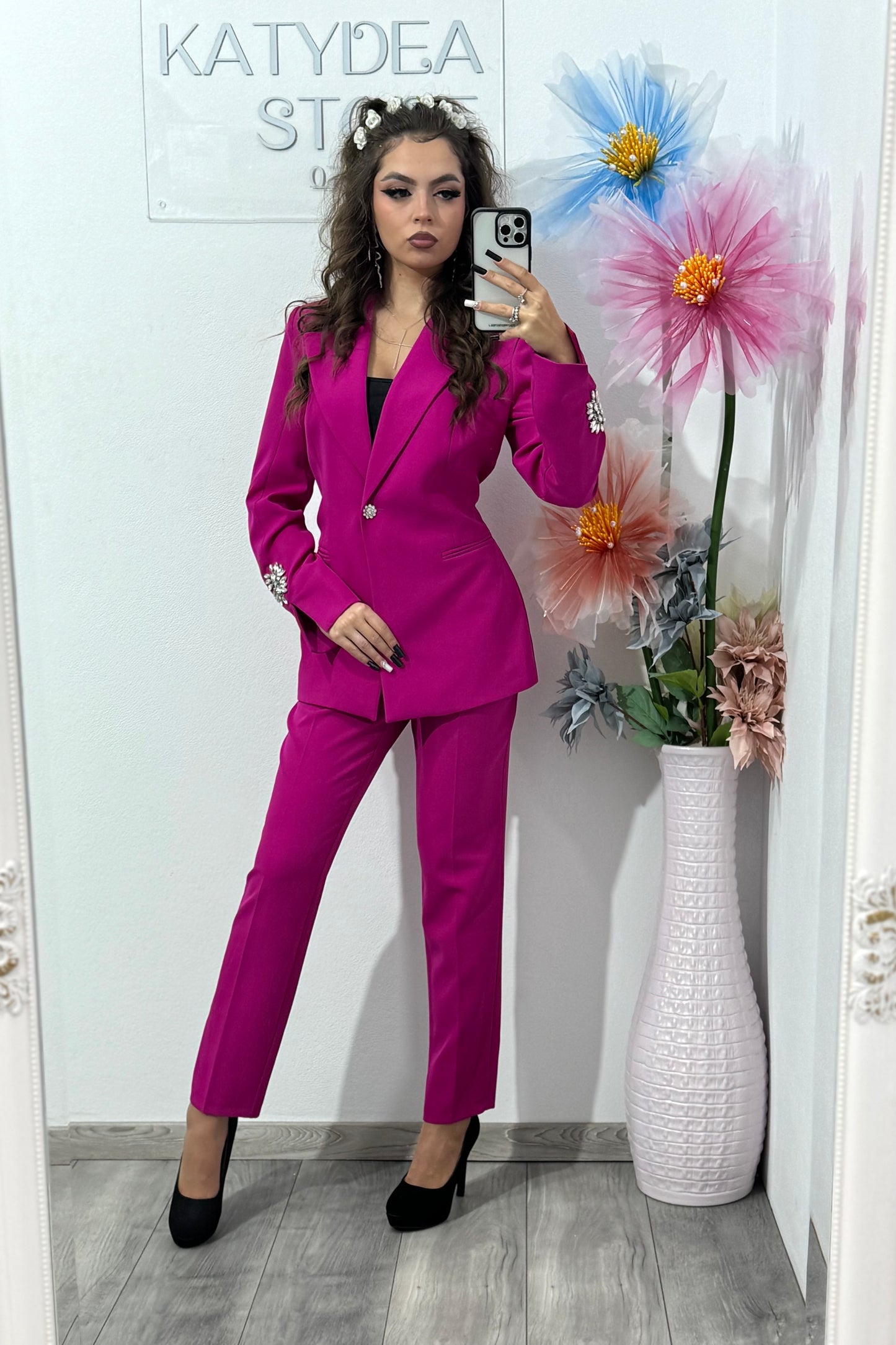 Costum damă Paula 2 piese – sacou & pantaloni slim fucsia