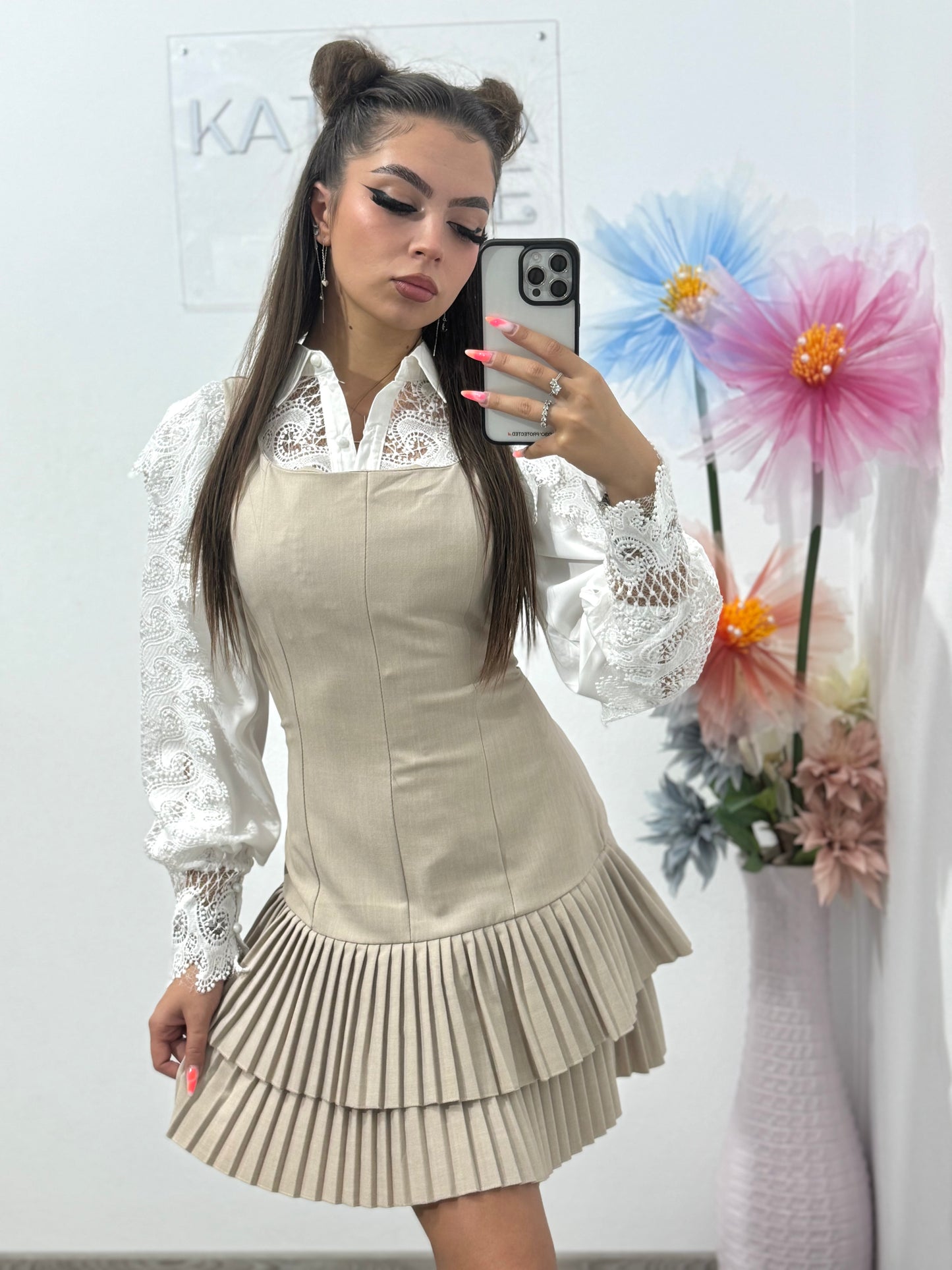 Sarafan cu pliseu beige Alina