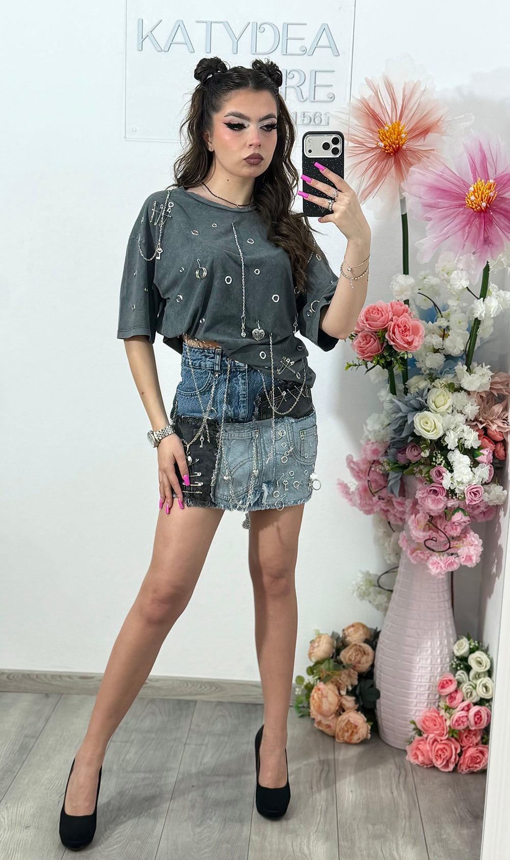 Fustă din denim patchwork ALIS
