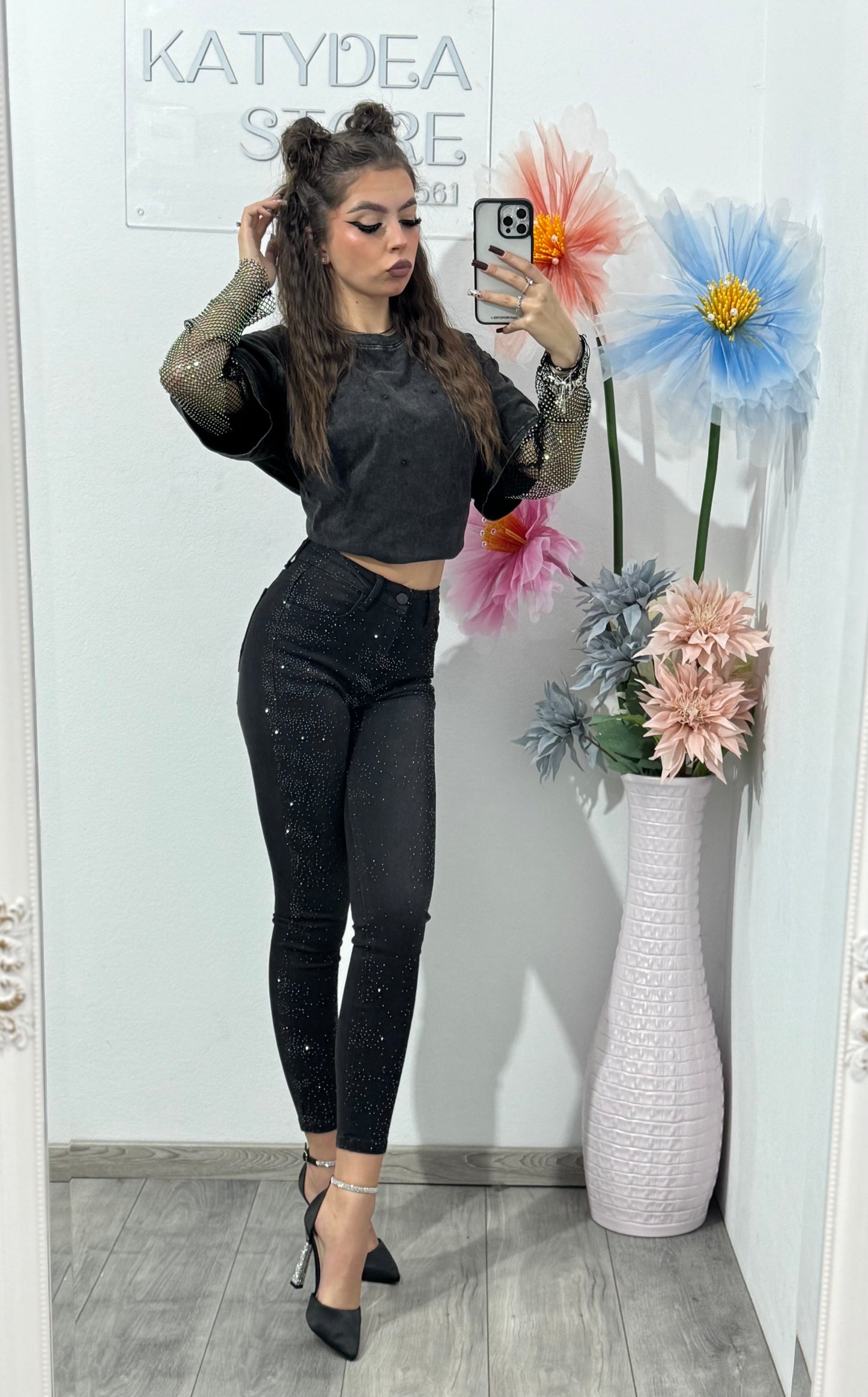 Jeans skinny negri cu cristale ștanțate DARIA