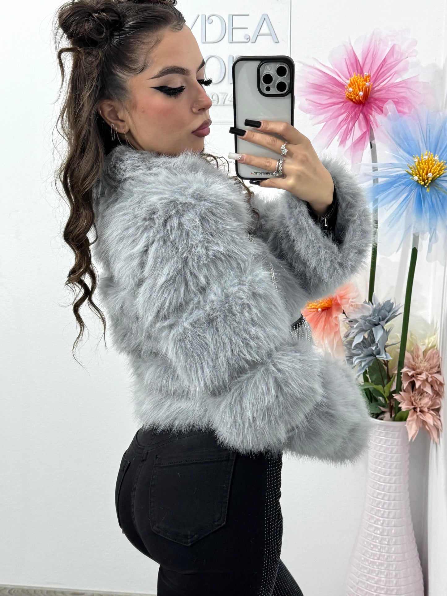 Geacă din blană cu cristale gri Alexis