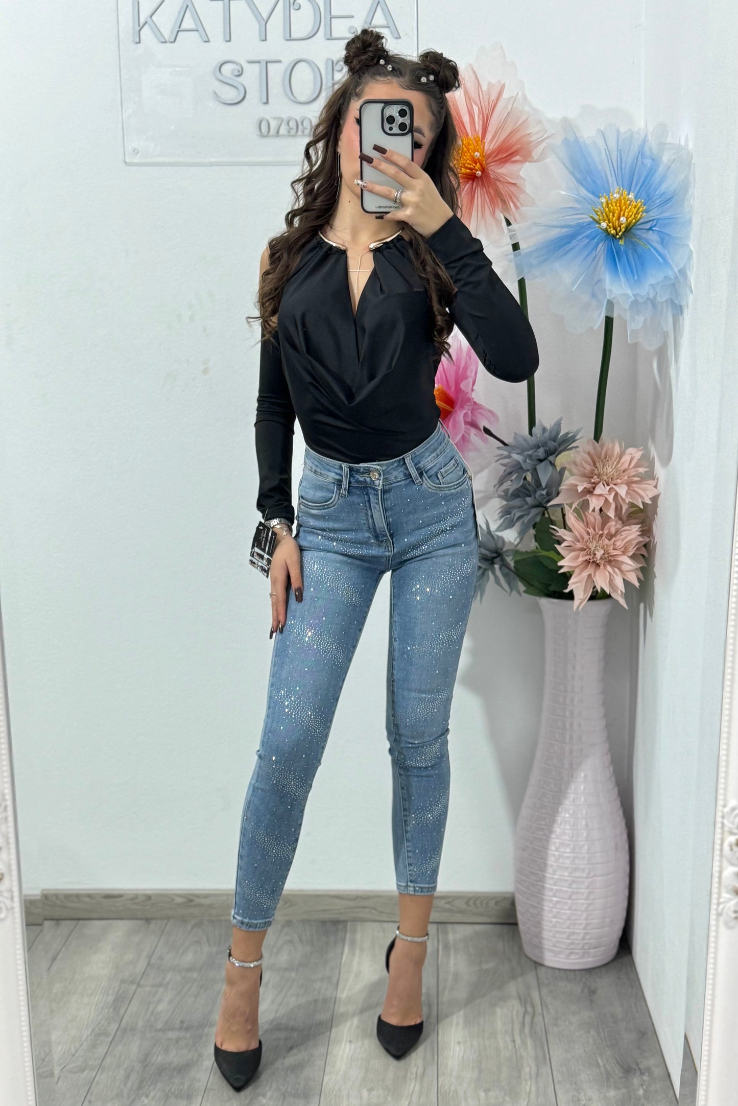 Jeans skinny cu cristale ștanțate albaștri Elsa