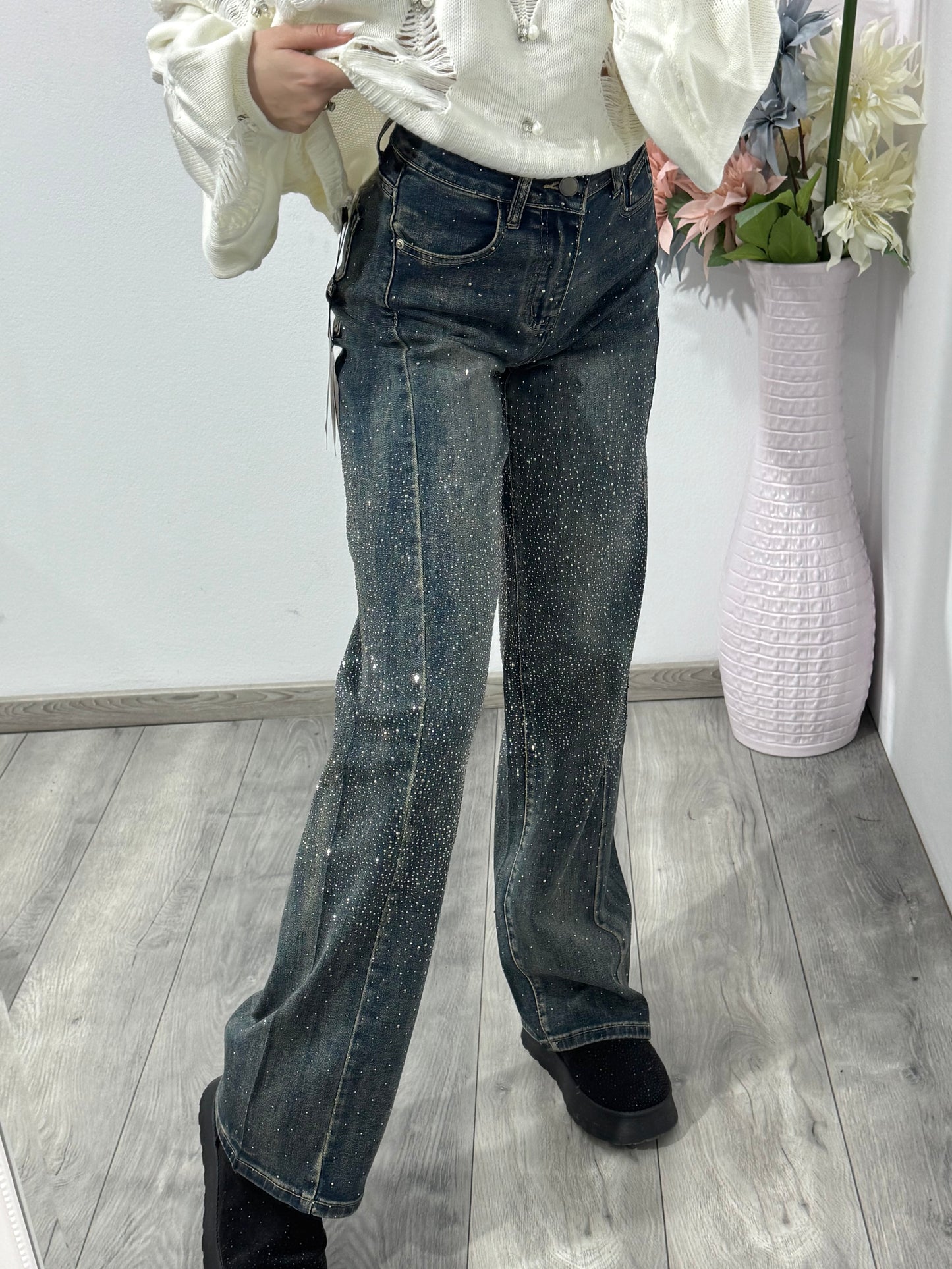 Jeans WIDELEG full cristale ștanțate HELLENA