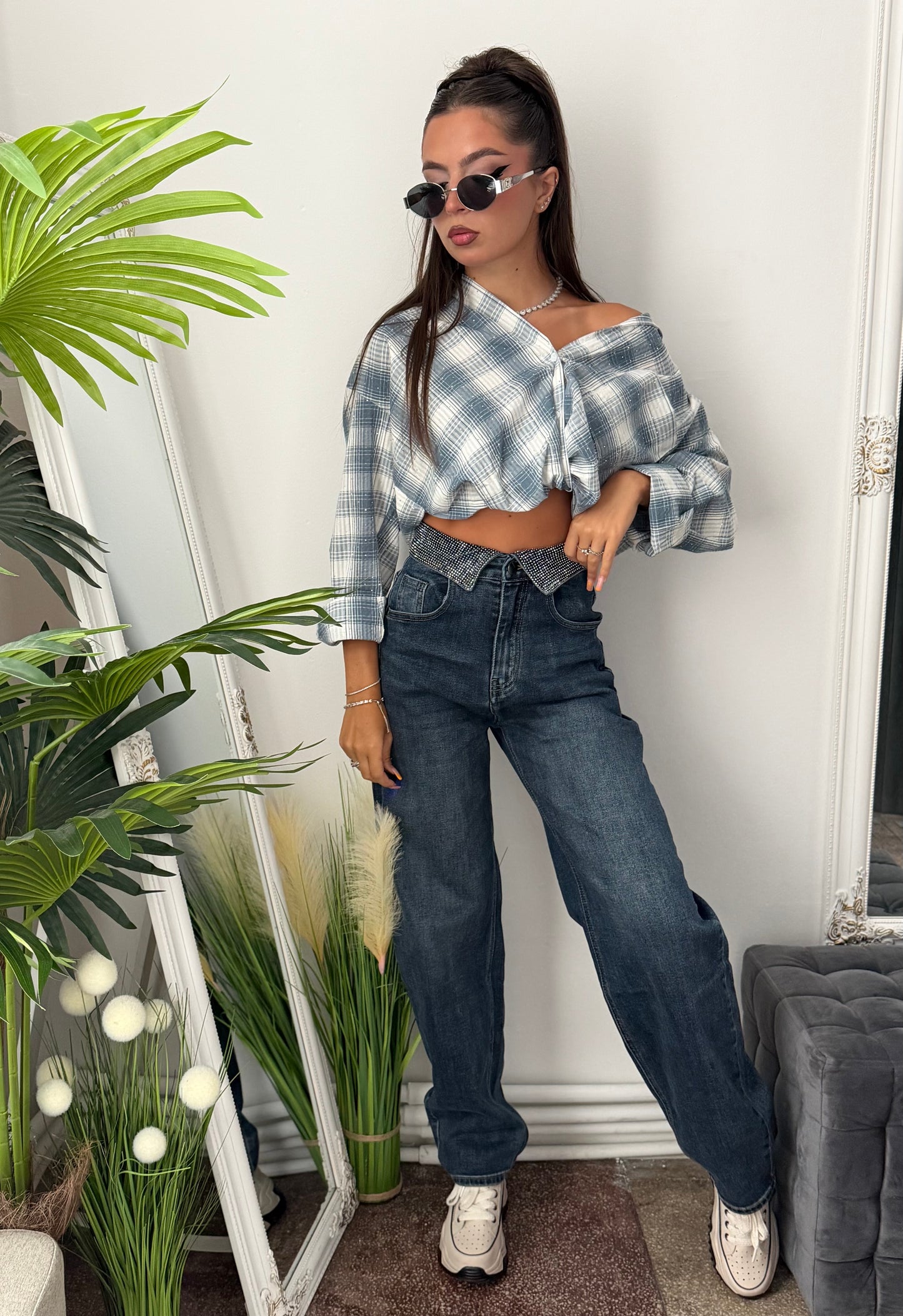 Jeans BalloonFit cu cristale ștanțate FRANCESCA