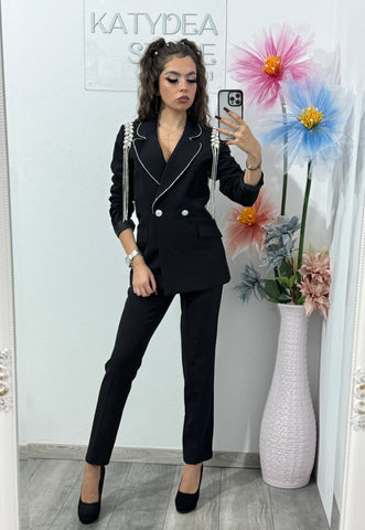 Costum elegant cu epoleți negru ANDREEA