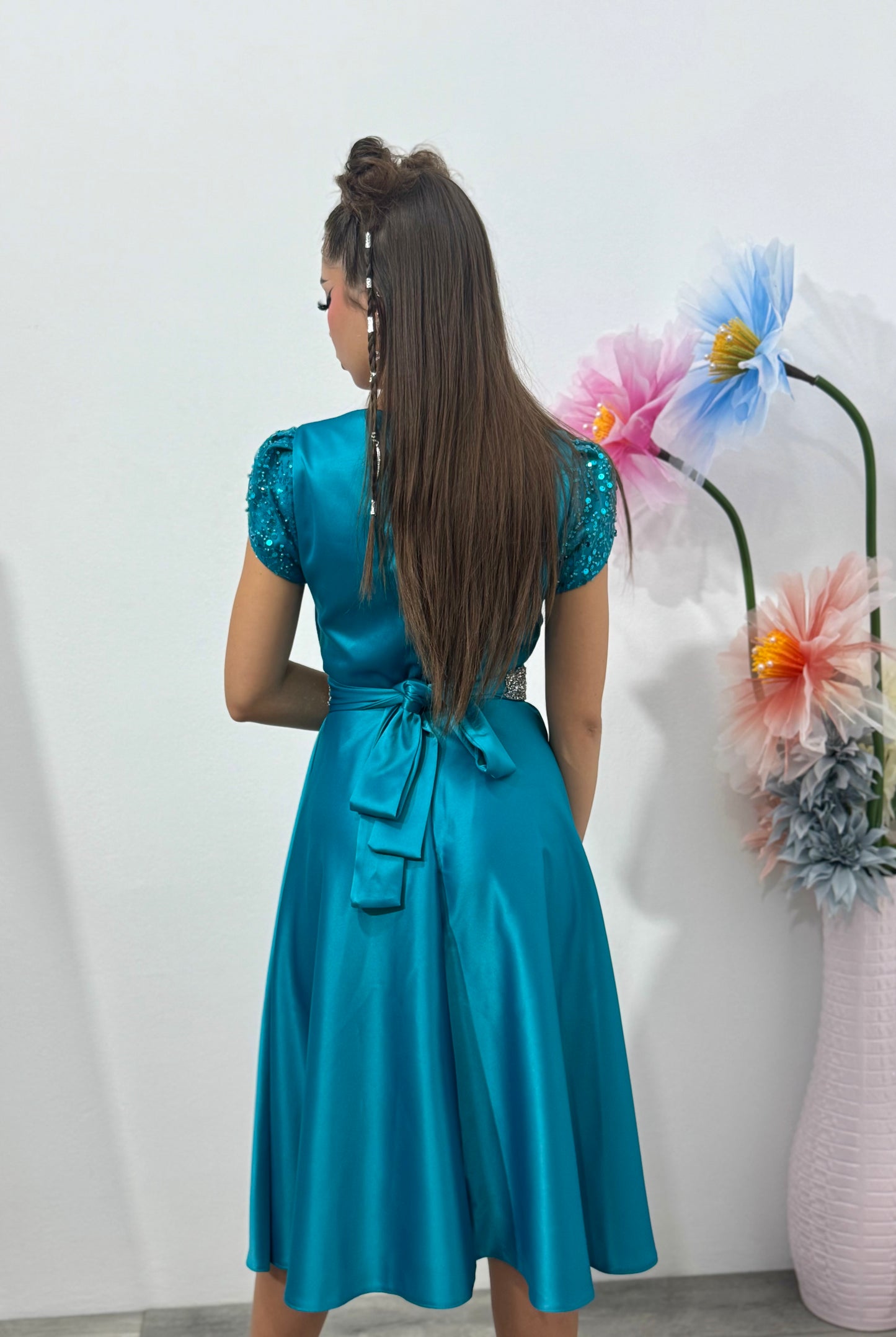 Rochie scurtă din tafta turcoaz Marilena