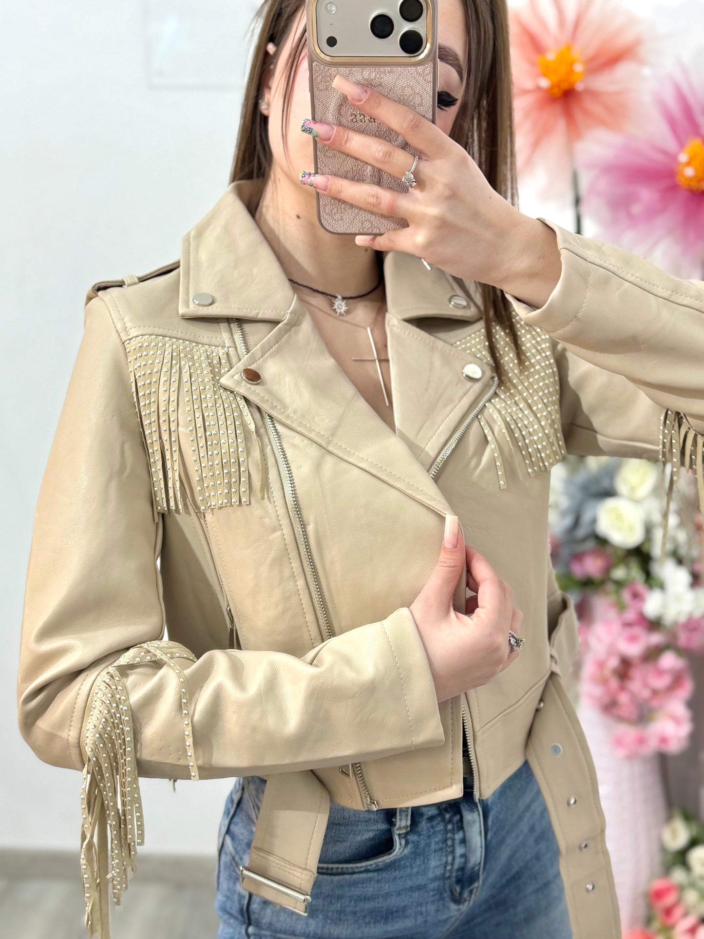 Geacă din imitație de piele cu franjuri bej MARA