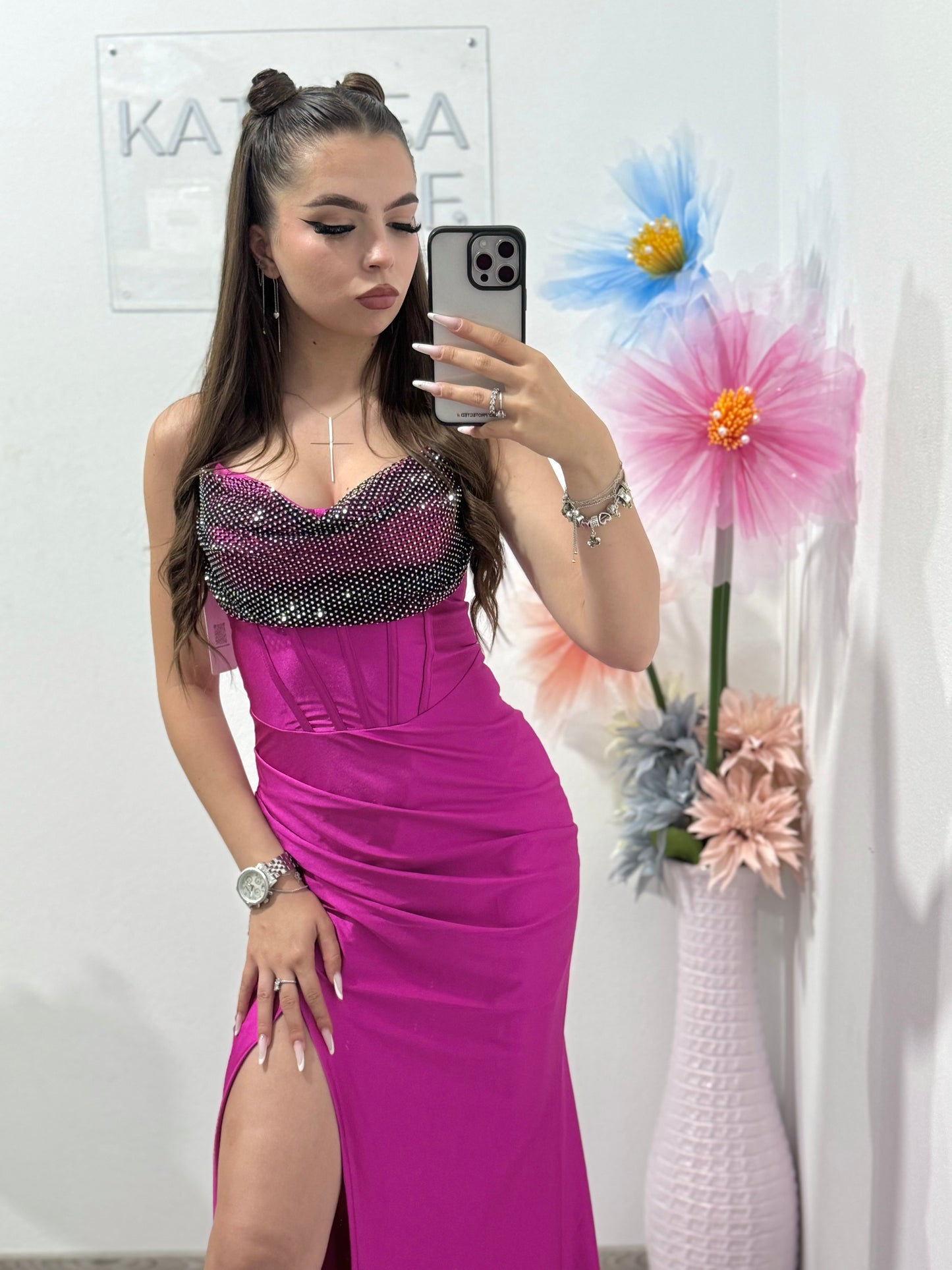Rochie elegantă cu cristale fucsia Katherine