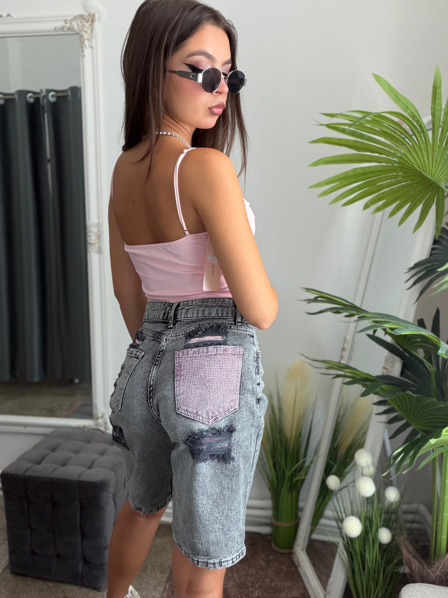 Jeans tip bermude gri PINK POCKET