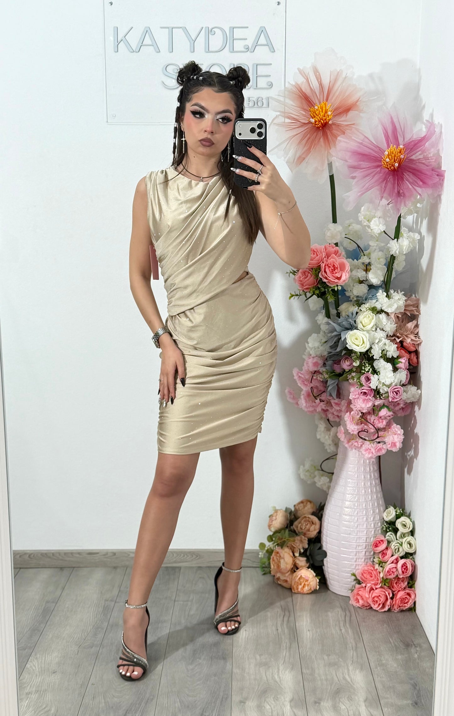 Rochie elegantă cu cristale ștanțate bej SELENA