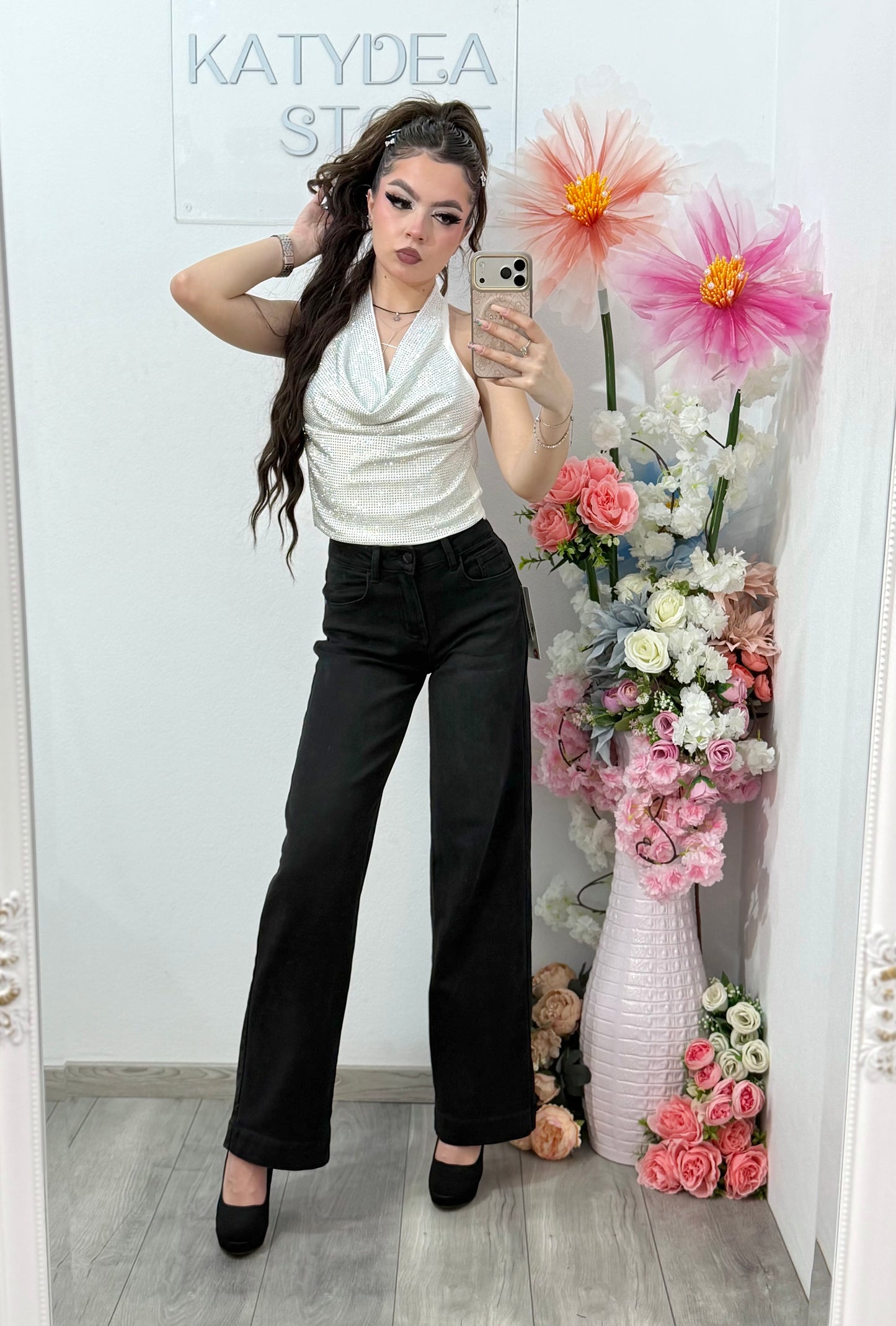 Blugi negri wideleg cu buzunar accesorizat 19211