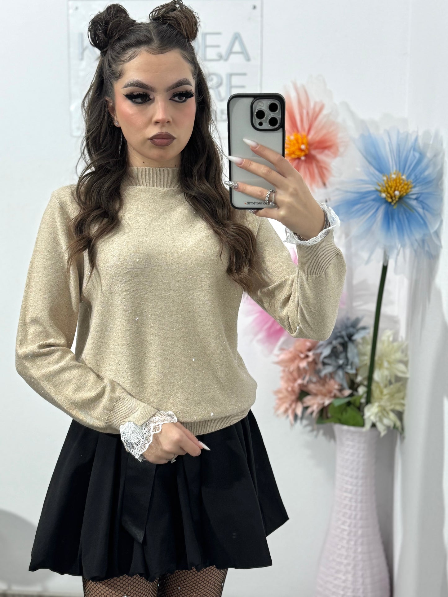 Bluza din tricot cu fir lucios și dantelă DORA