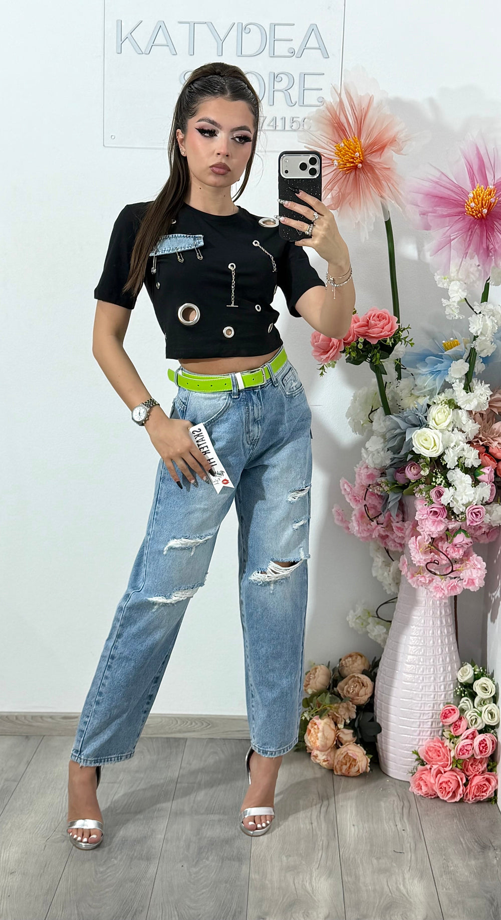 Jeans momfit rupți albaștri ANDA