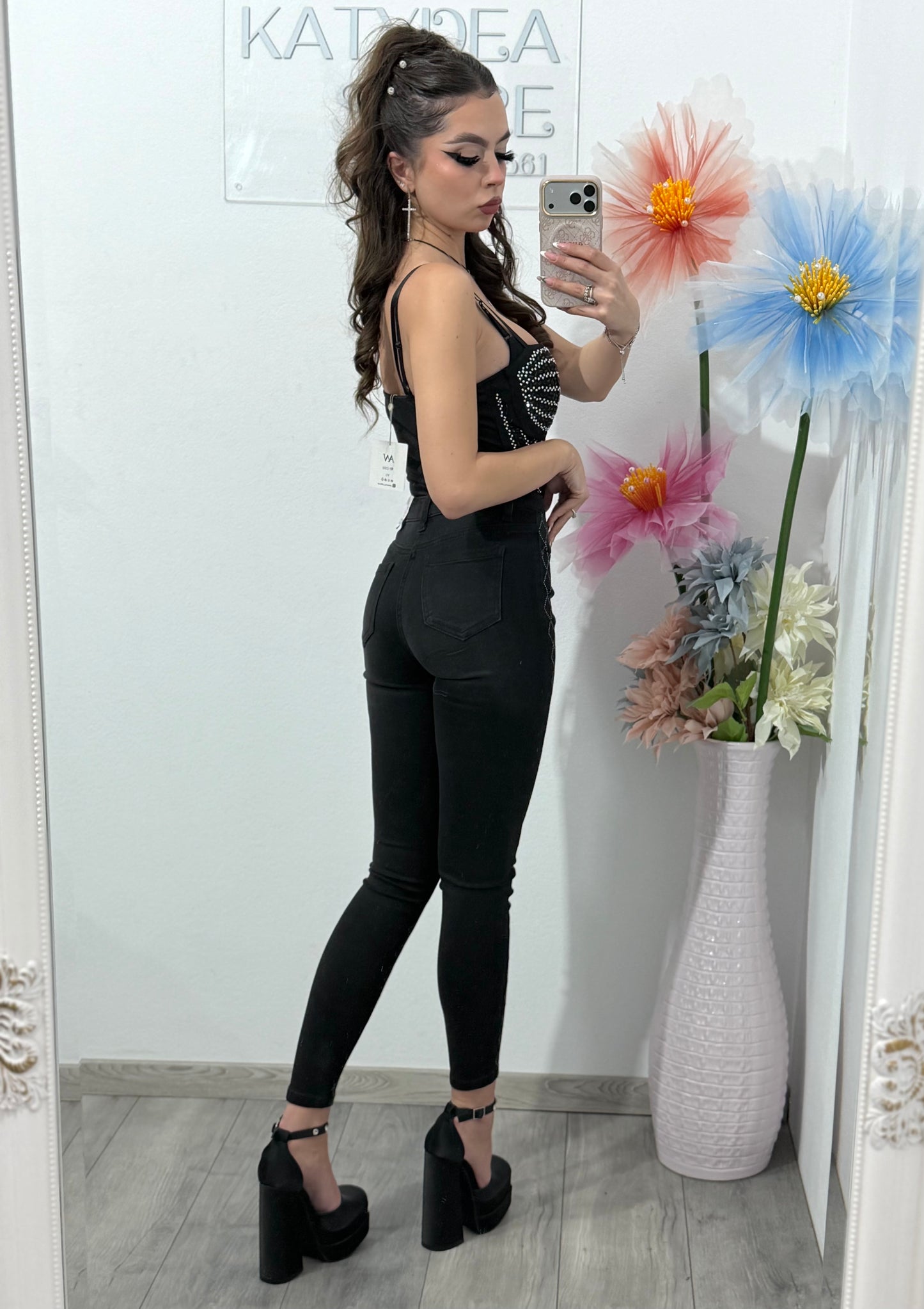 Jeans skinny negri cu cristale ștanțate DANY