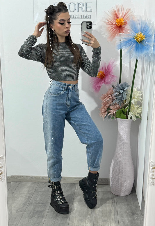 Blugi momfit albaștri cu cristale RALUKA