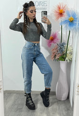 Blugi momfit albaștri cu cristale RALUKA