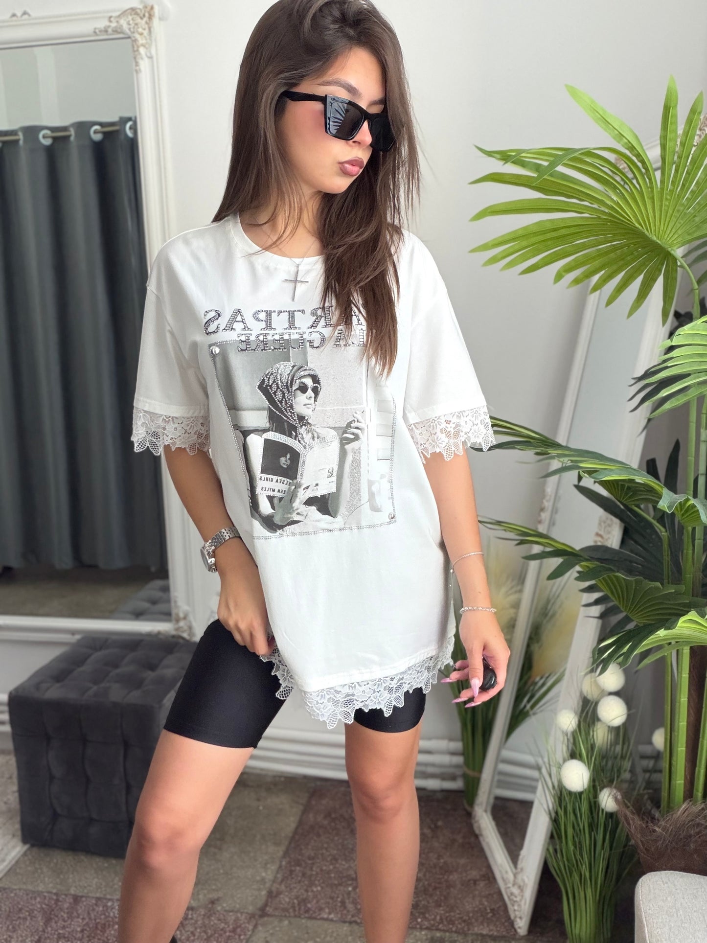 Tricou dantelat cu imprimeu alb GABY