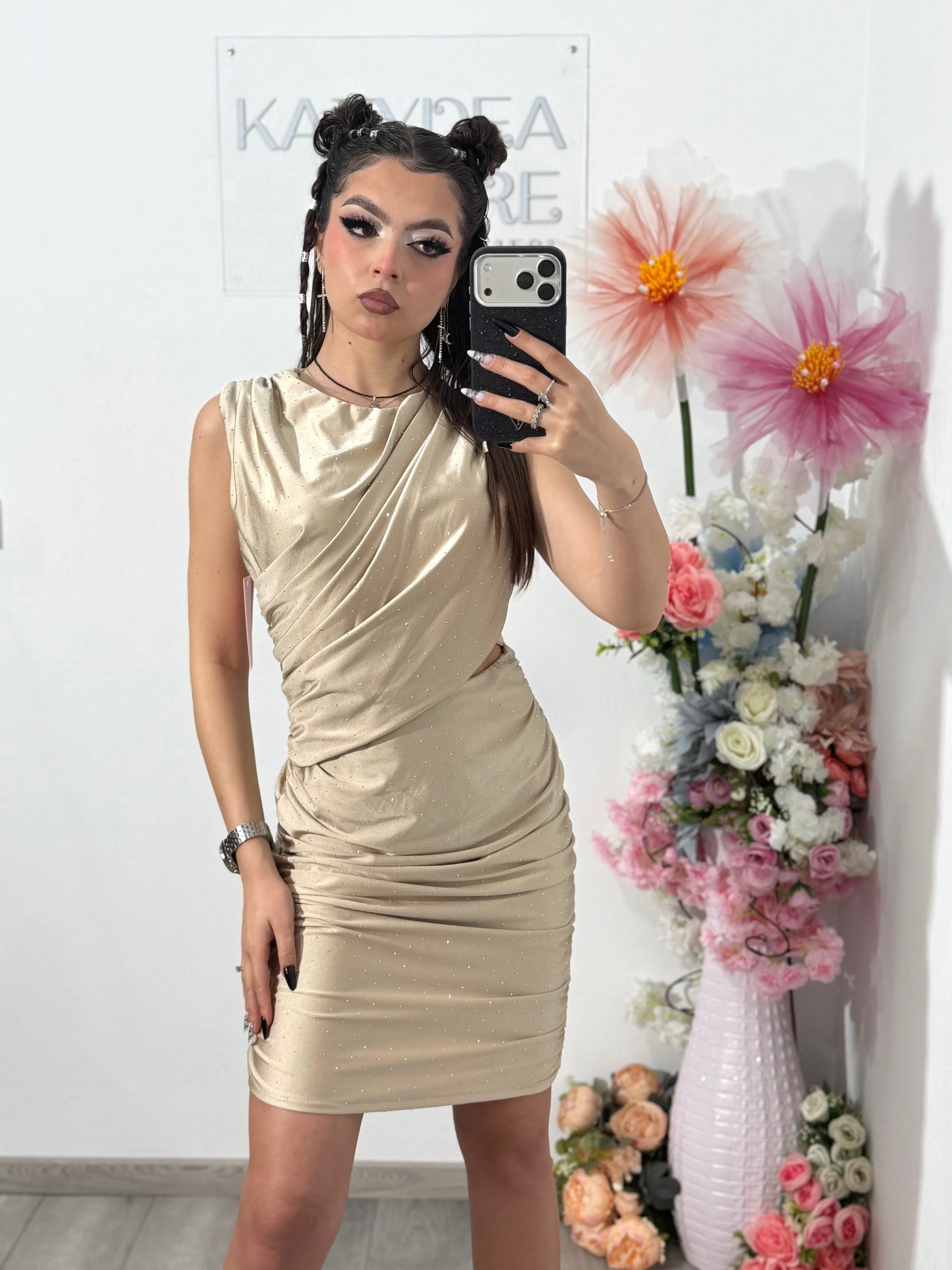 Rochie elegantă cu cristale ștanțate bej SELENA