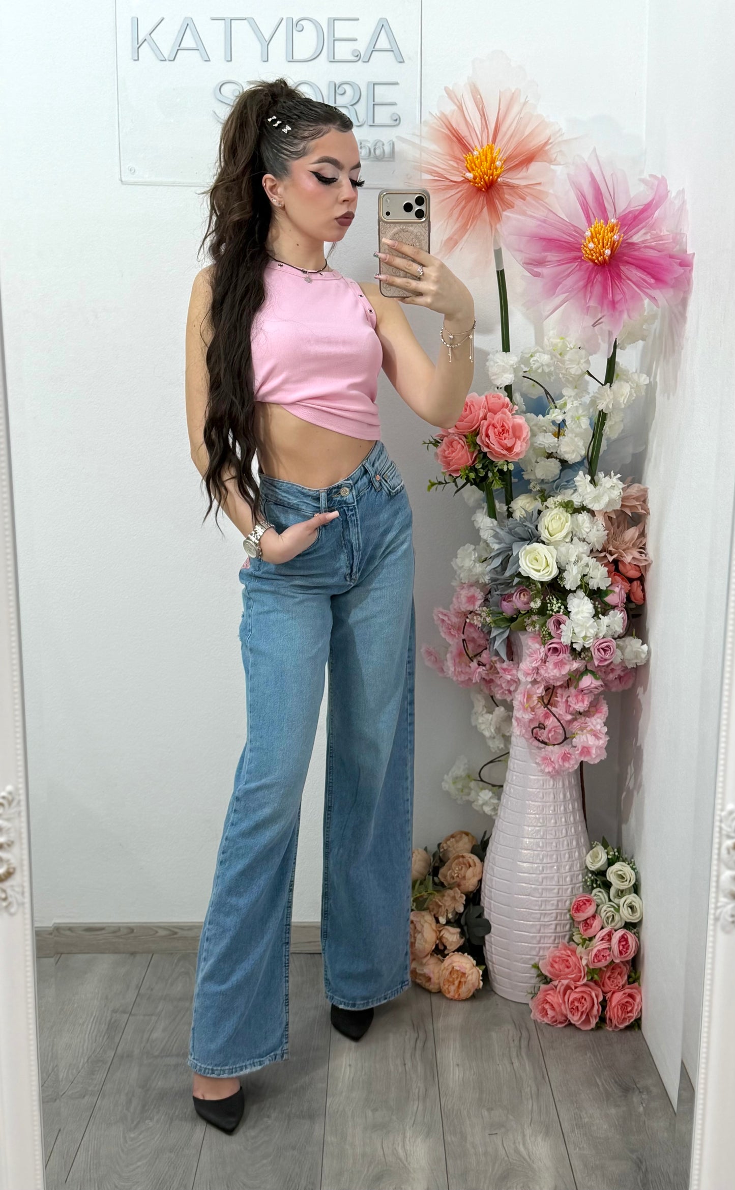 Jeans WideLeg cu buzunar cu piatra roz ștanțată ELIZA