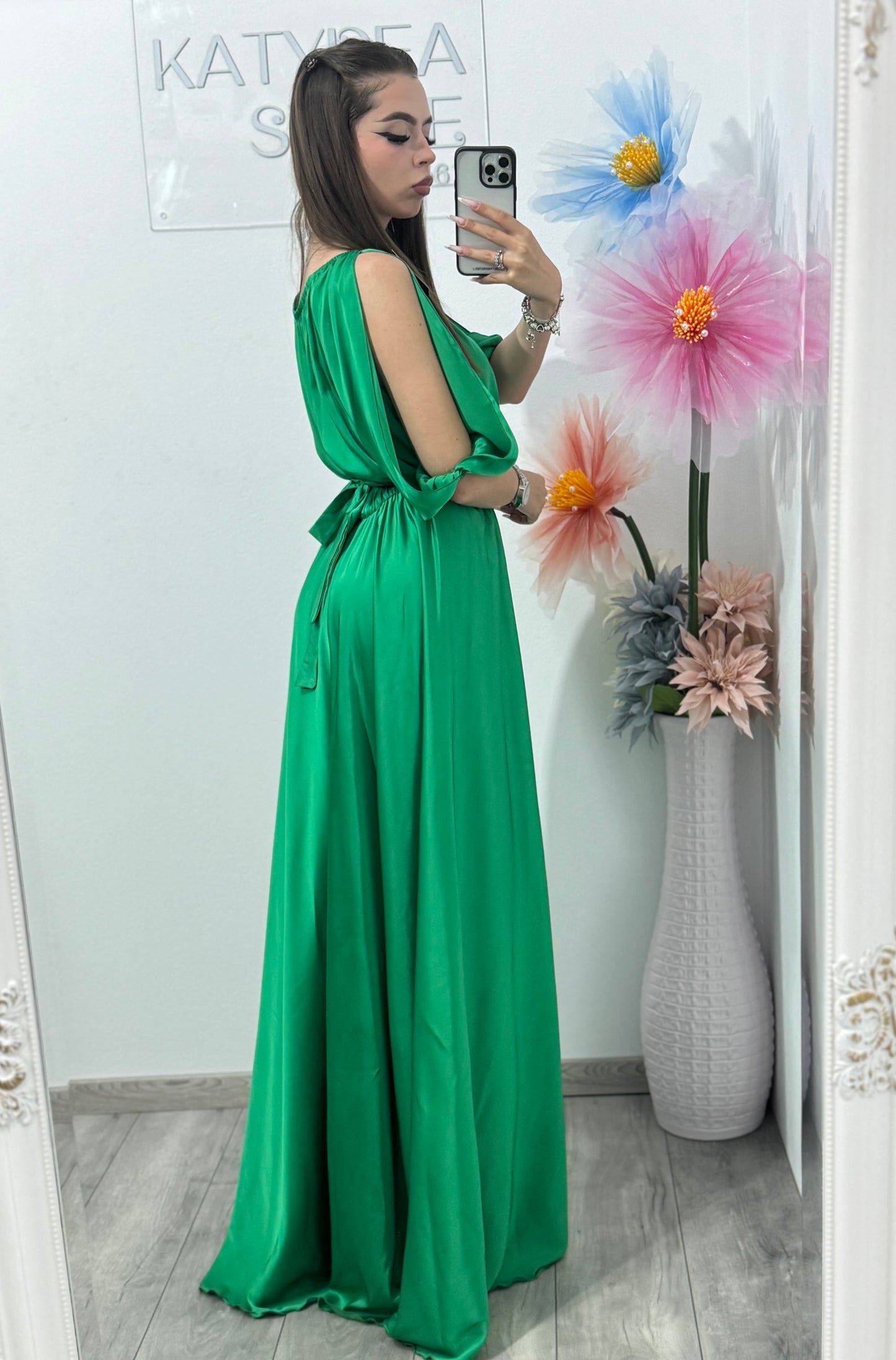 Rochie din satin verde Anna