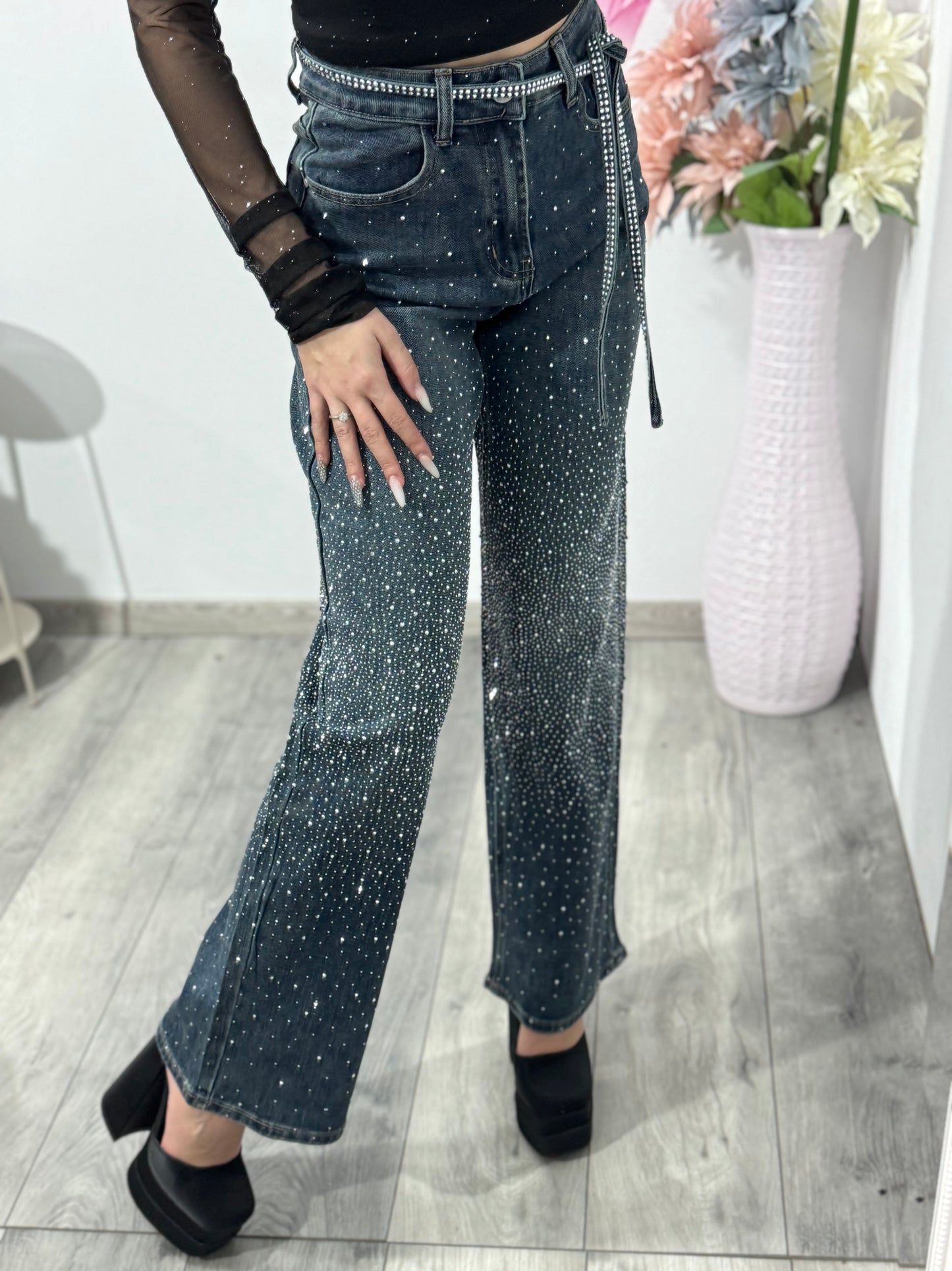Jeans WideLeg cu cristale ștanțate XONIA