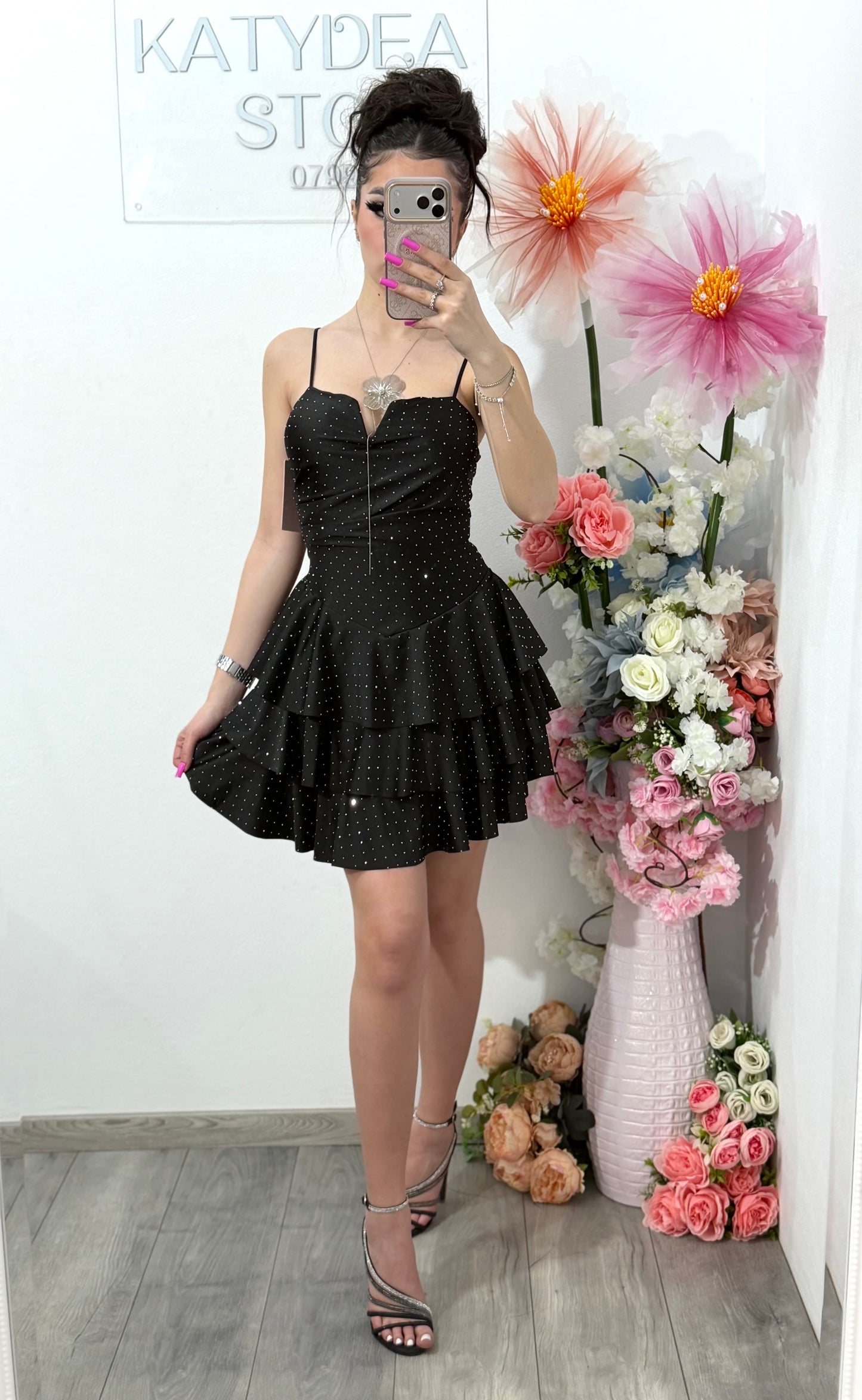 Rochie scurta neagra cu cristale ștanțate ZONIA