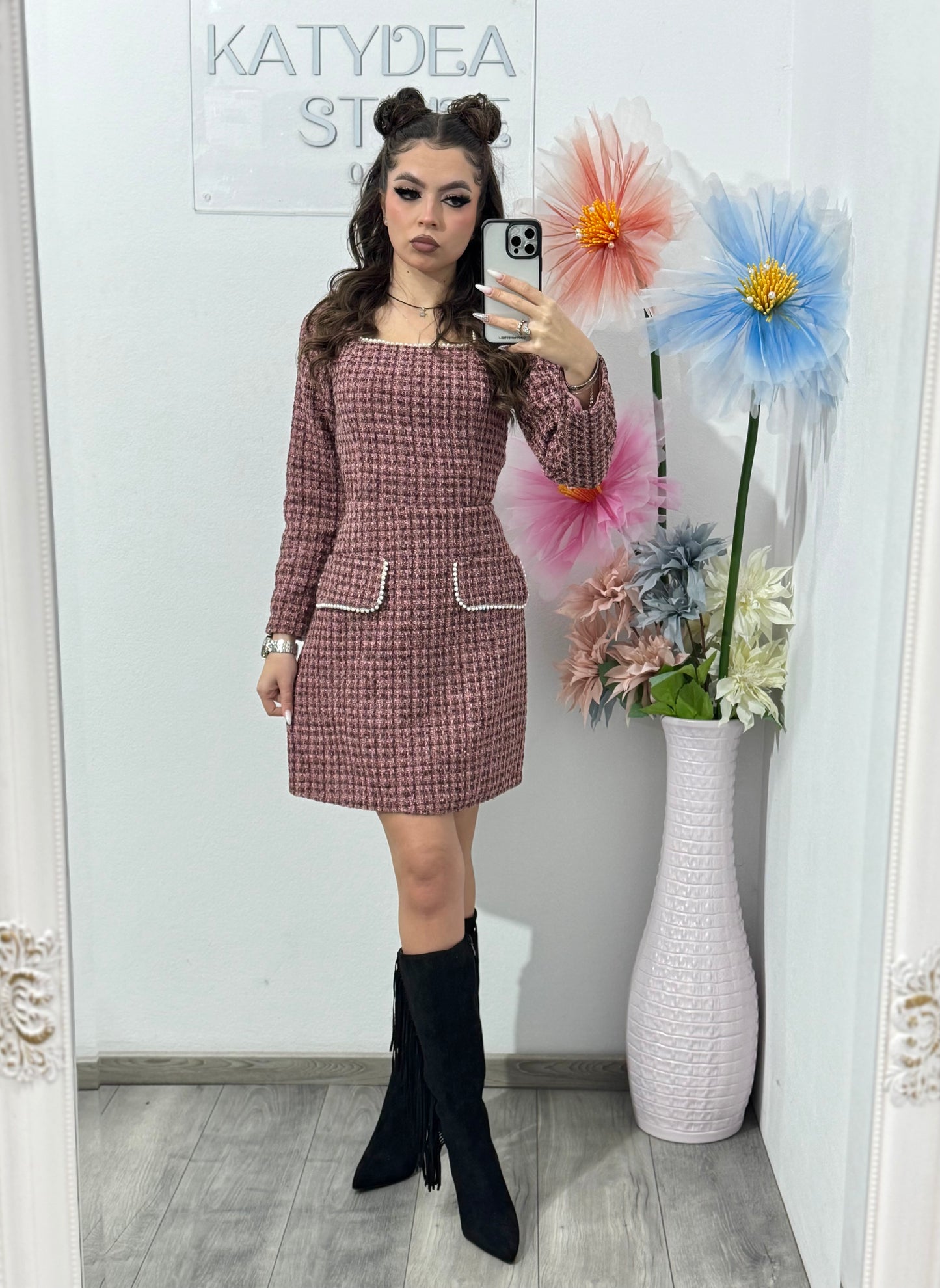 Rochie din tweed roz ELLA