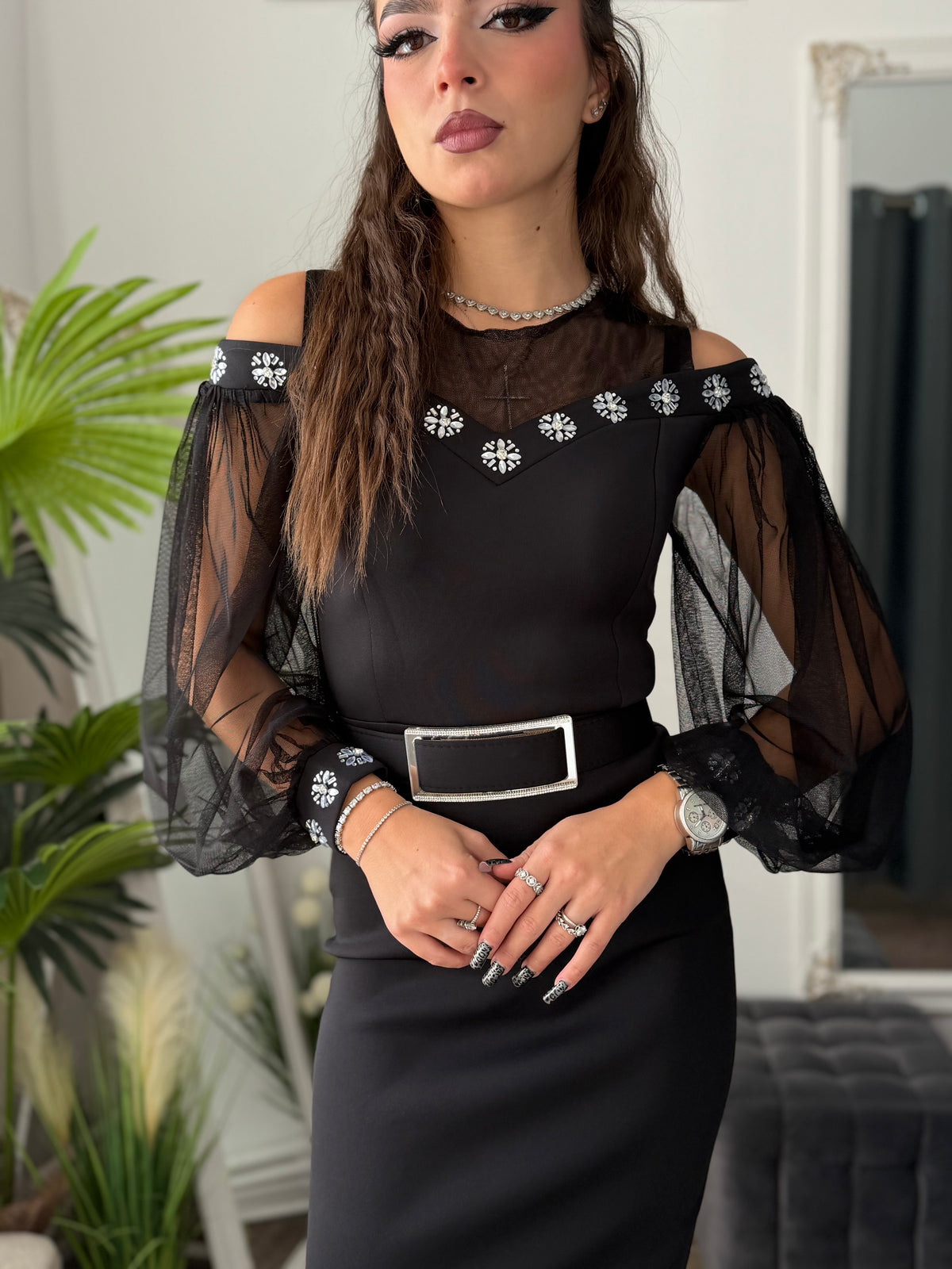 Rochie neagră elegantă cu aplicații argintii DANIELLA
