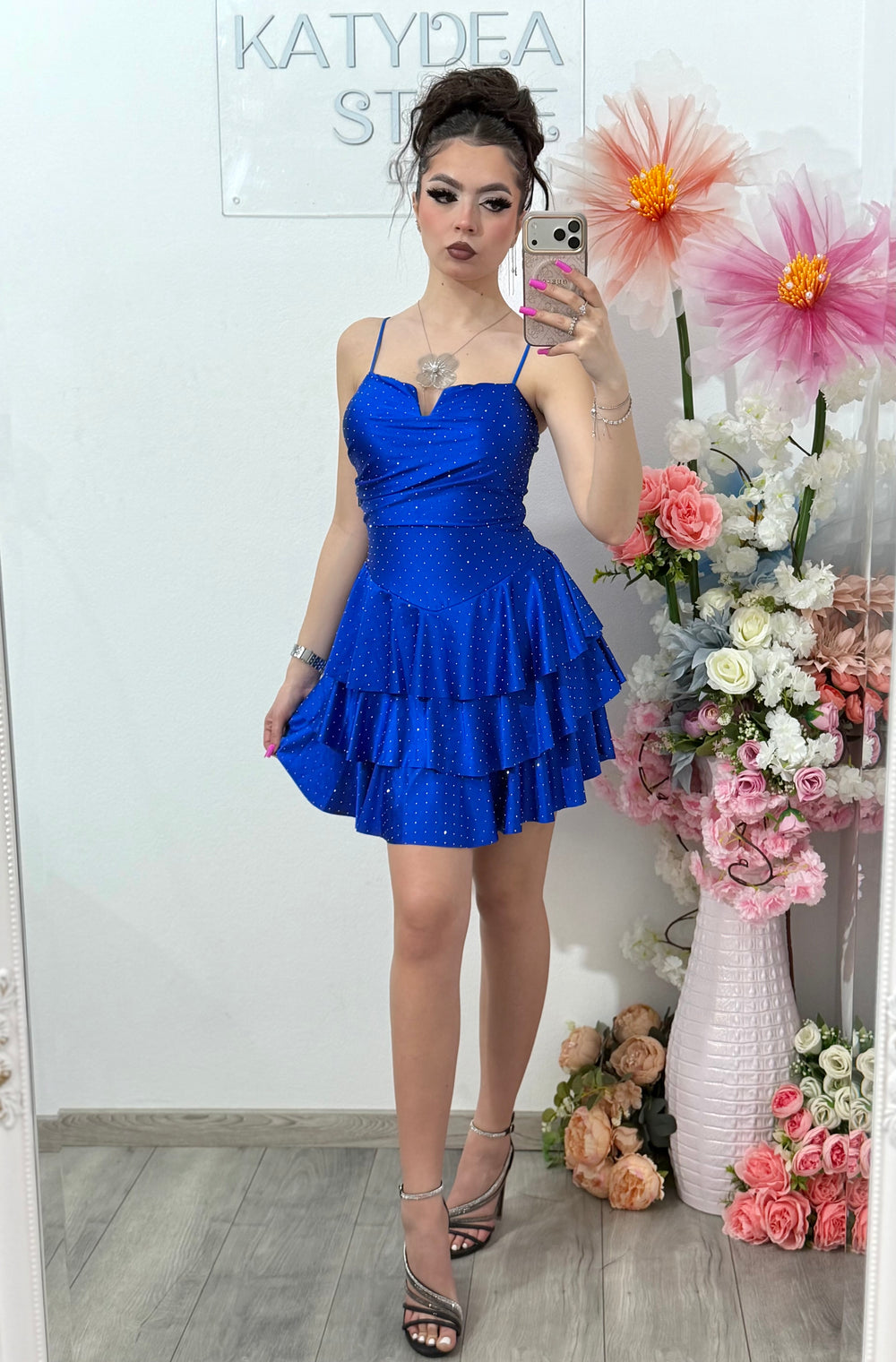 Rochie scurta albastru electric cu cristale ștanțate ZONIA