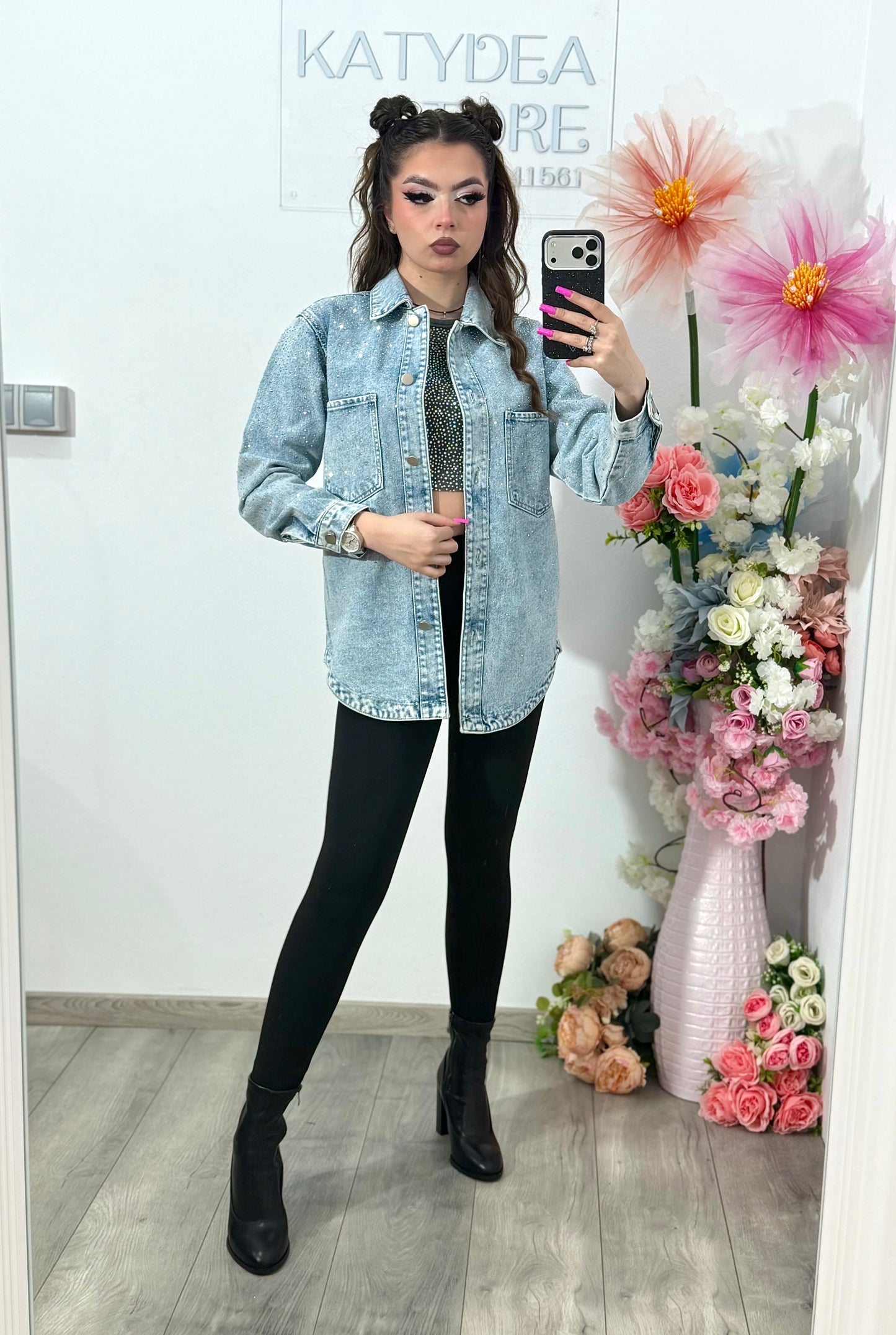 Jacheta din denim blue cu cristale ștanțate MAYA