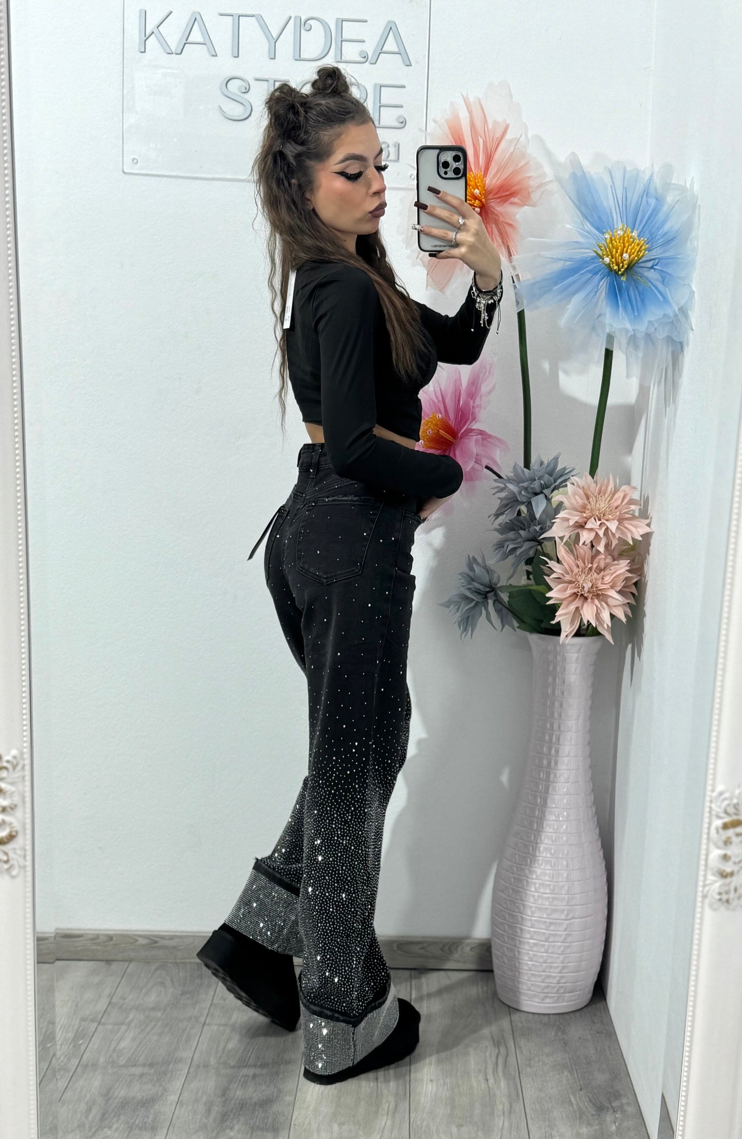 Jeans WideLeg cu cristale ștanțate negri Paulina