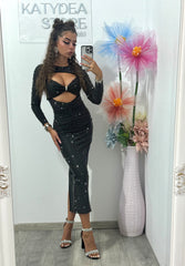 Rochie midi neagra cu cristale argintii ștanțate Glam