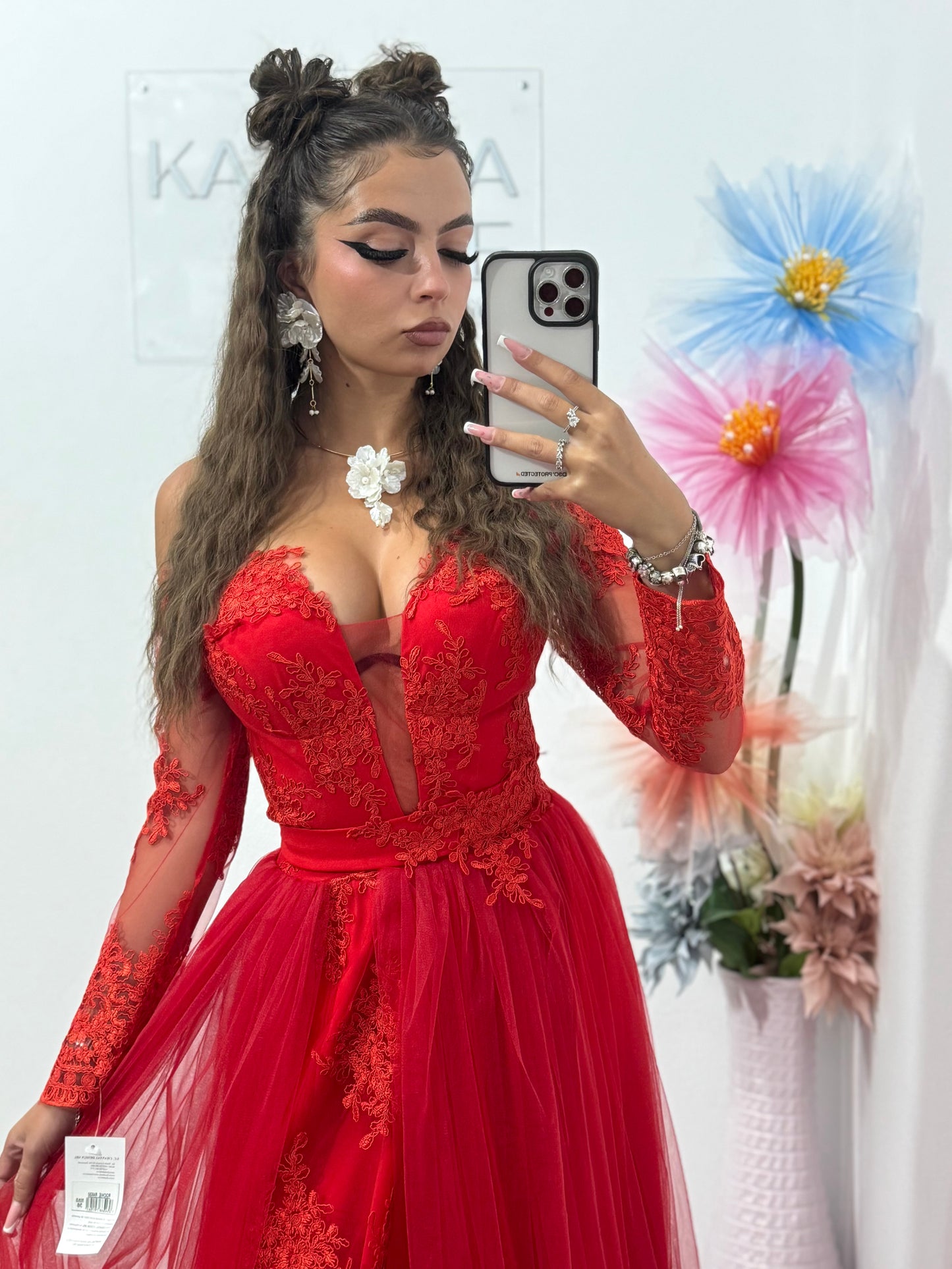 Rochie rosie de seara lunga Vivian din tulle si dantela