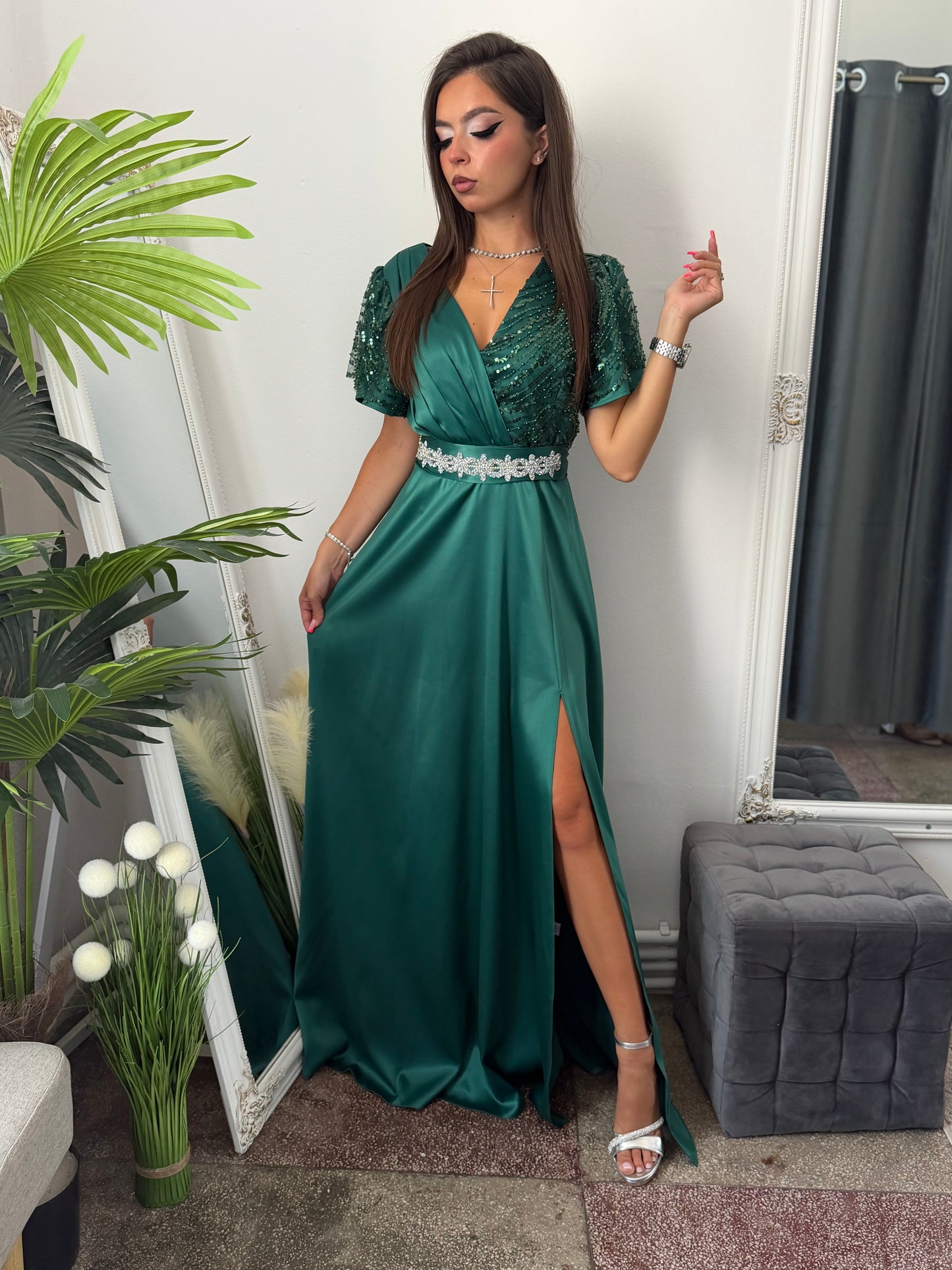 Rochie lungă din tafta verde smarald EDA