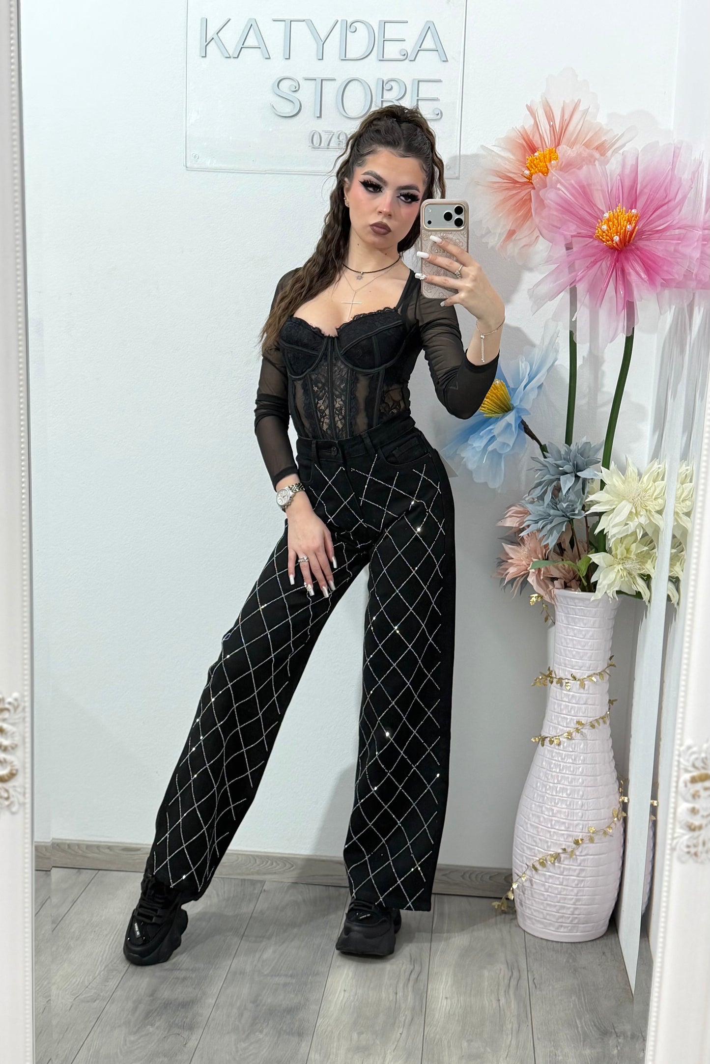 Jeans WideLeg cu cristale ștanțate negri ANAIS