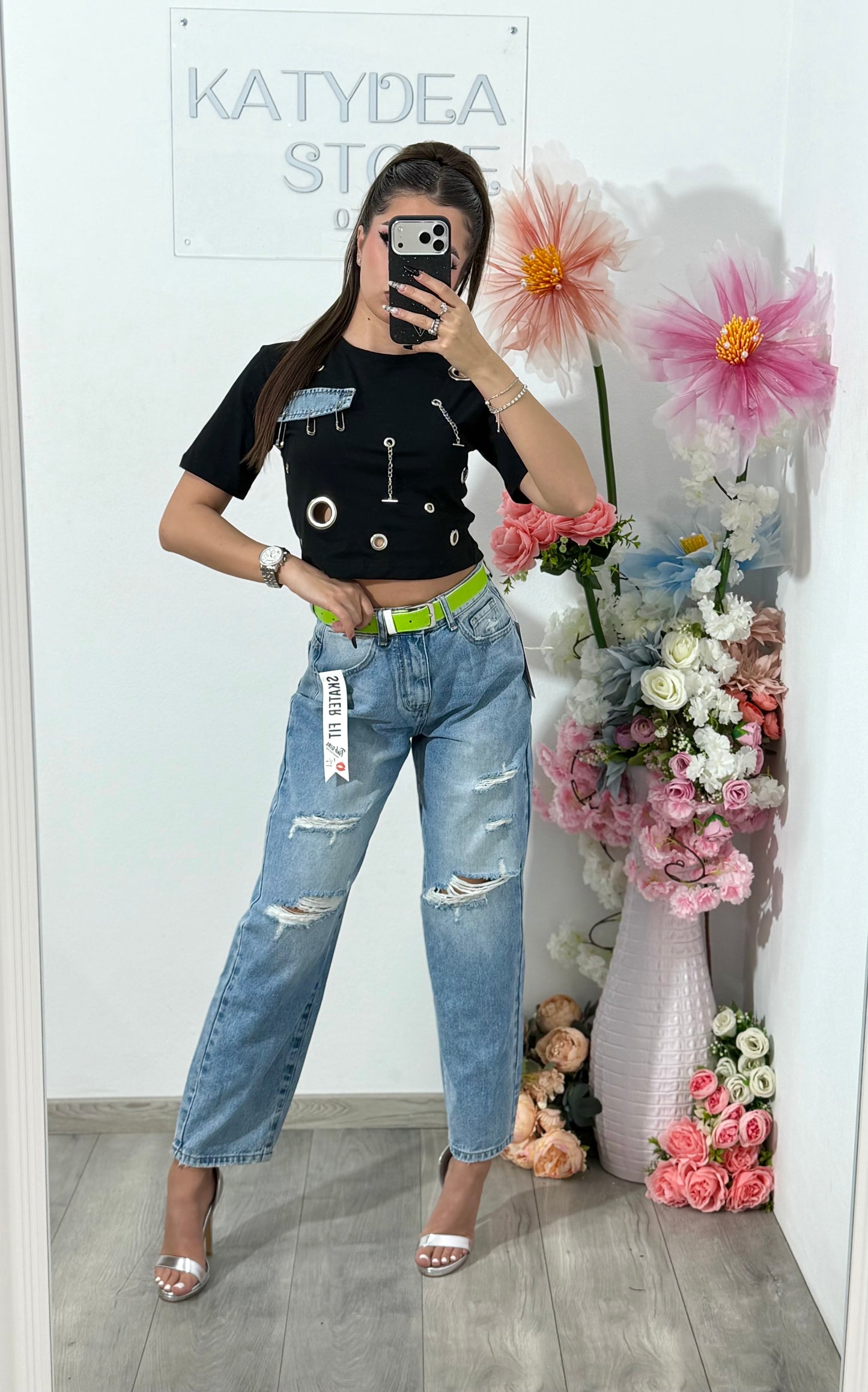 Jeans momfit rupți albaștri ANDA