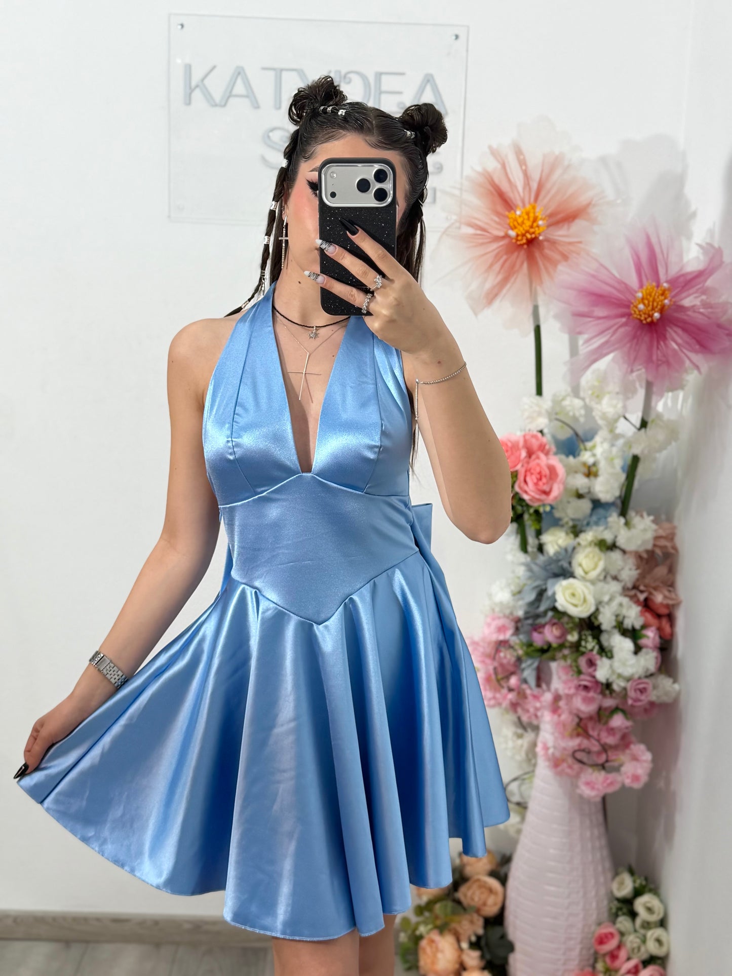 Rochie satinata cu funda BELLE babyblue