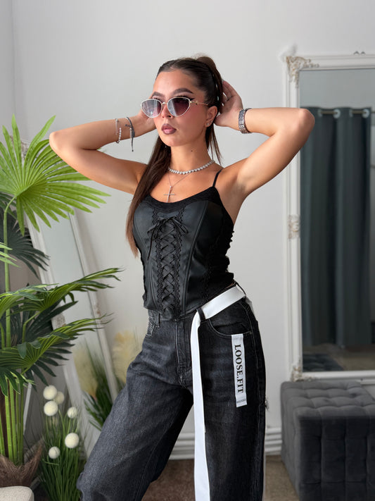Top tip corset din imitație de piele negru