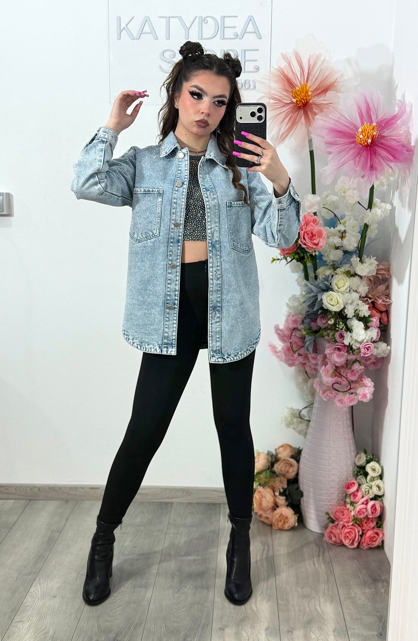 Jacheta din denim blue cu cristale ștanțate MAYA