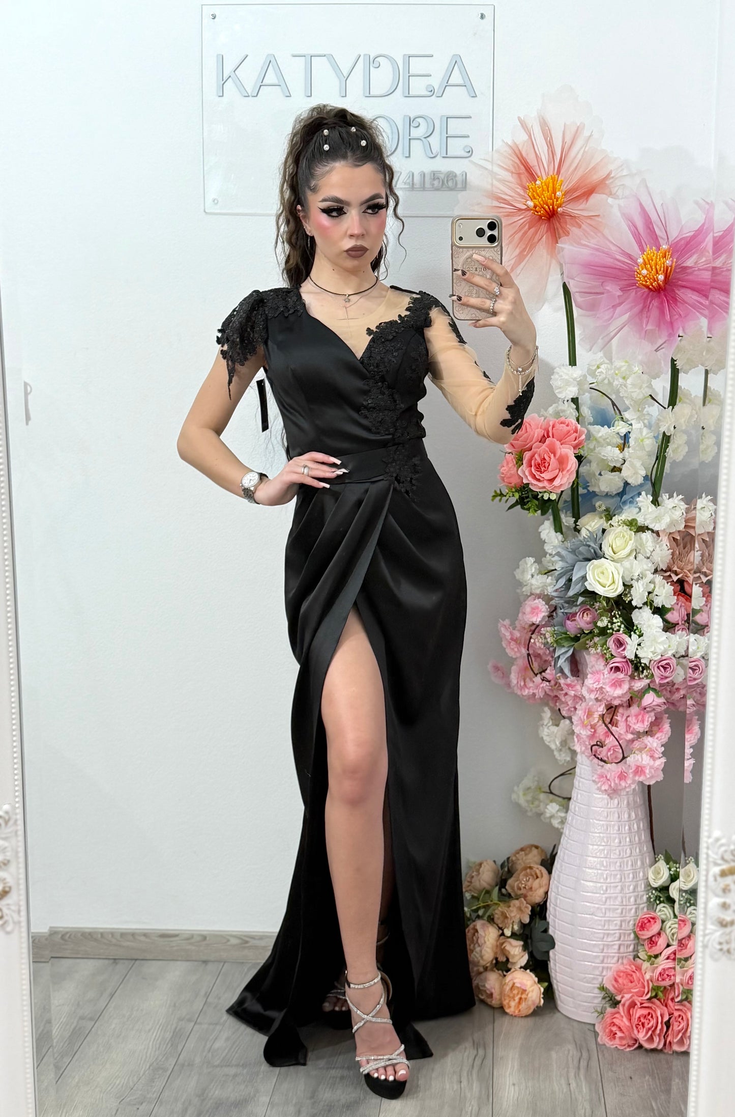 Rochie lunga din tafta negru intens Anasofia