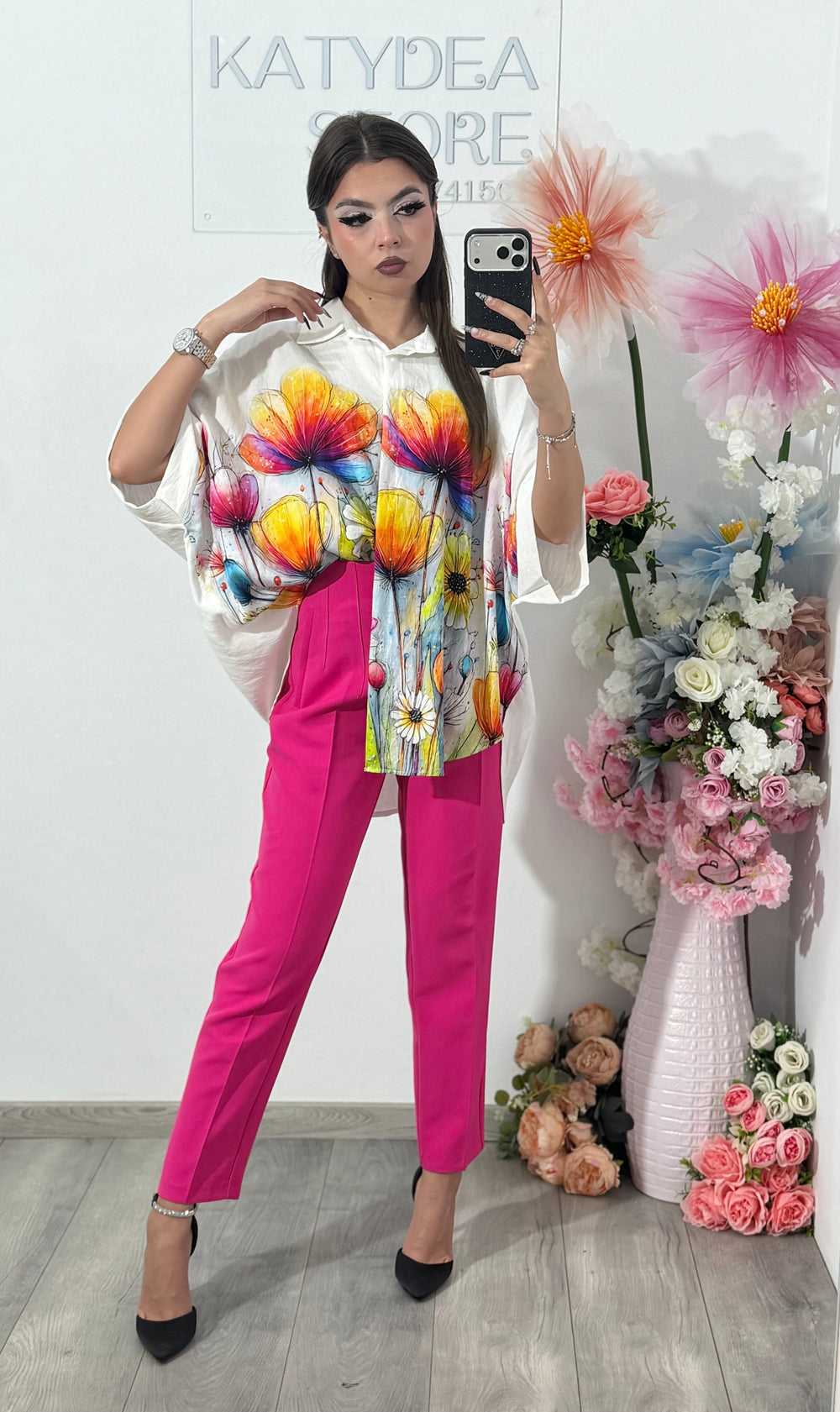 Cămașă din în cu imprimeu fucsia ELIZA