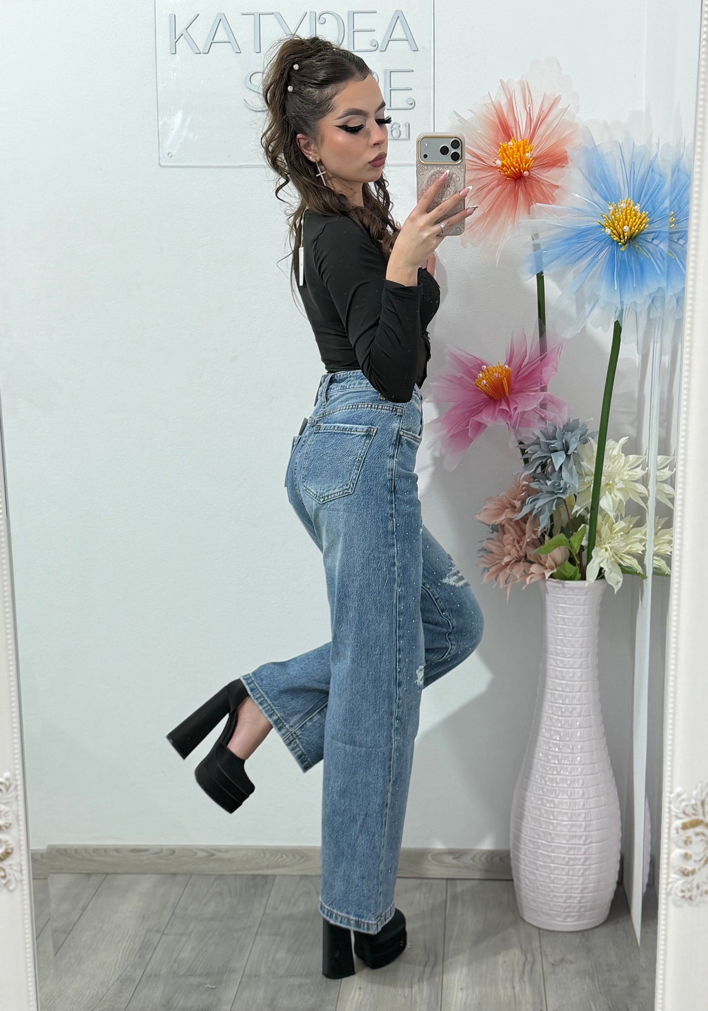 Jeans WideLeg cu cristale ștanțate ROSE