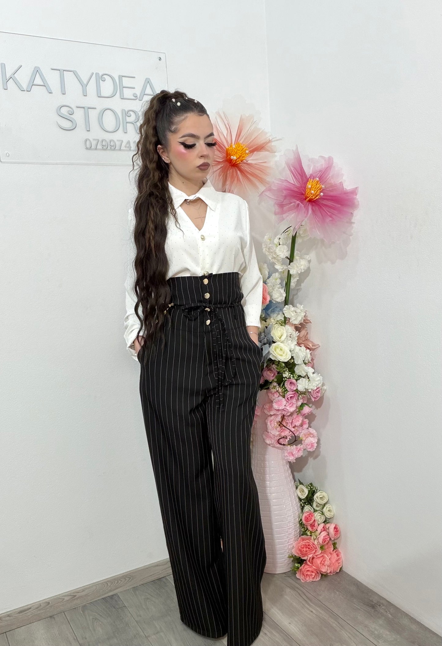Pantaloni WideLeg cu dungi și talie înaltă negri NADIA